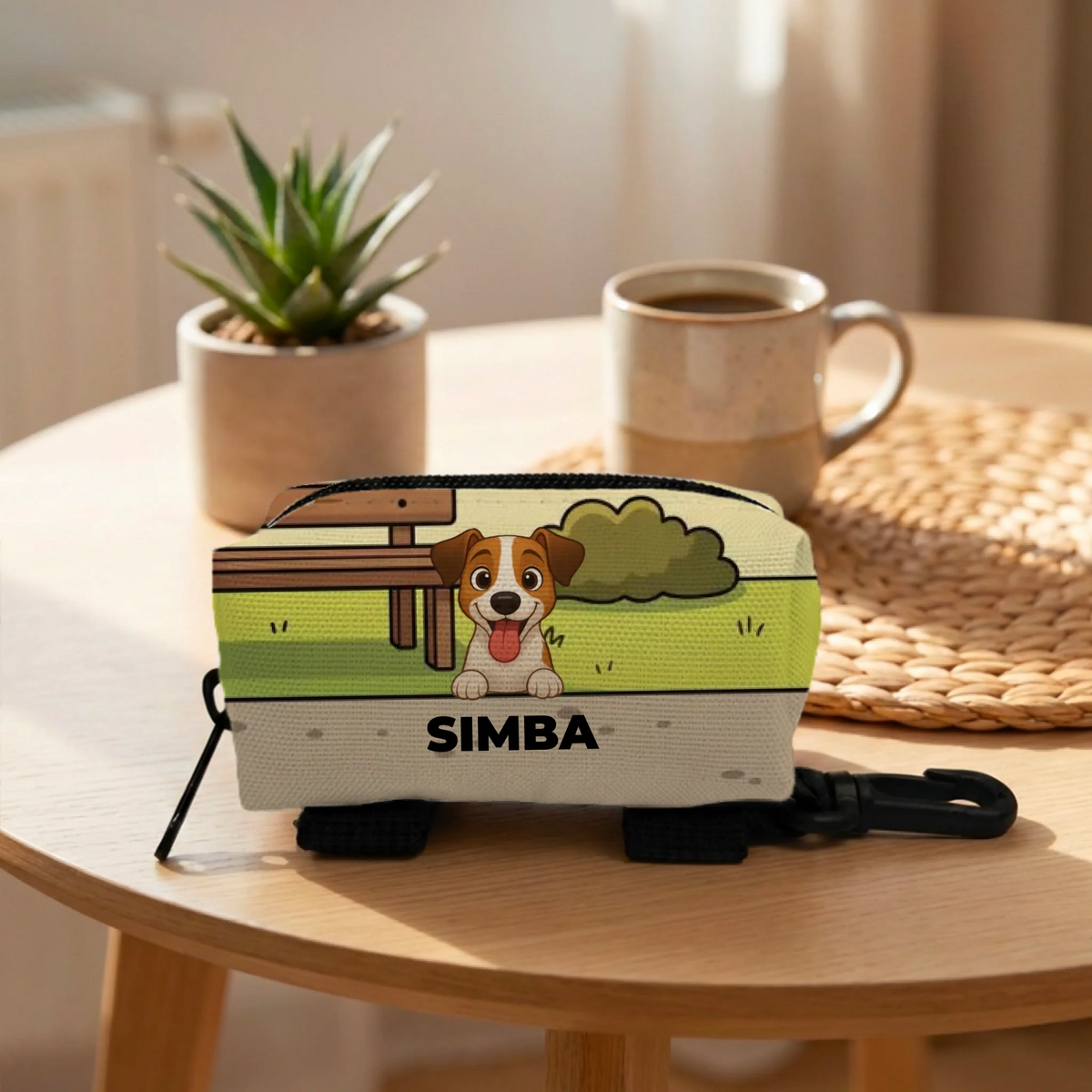 Bolsa para excrementos personalizada con perro feliz en un parque y nombre 'Simba'.