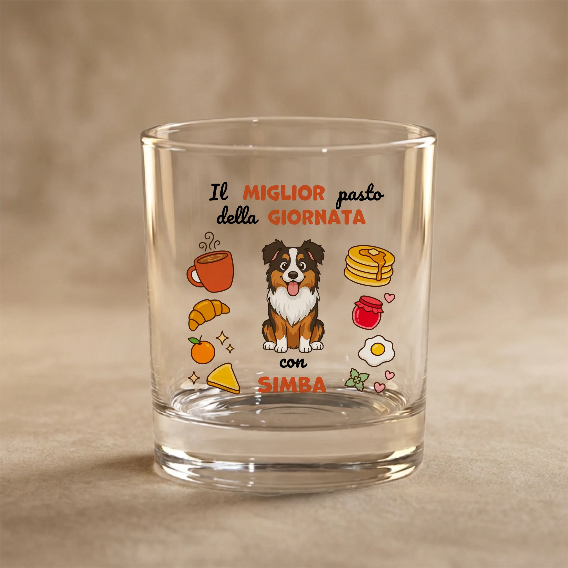 Bicchiere personalizzato "Colazione" con cane Australian Shepherd e icone di cibo