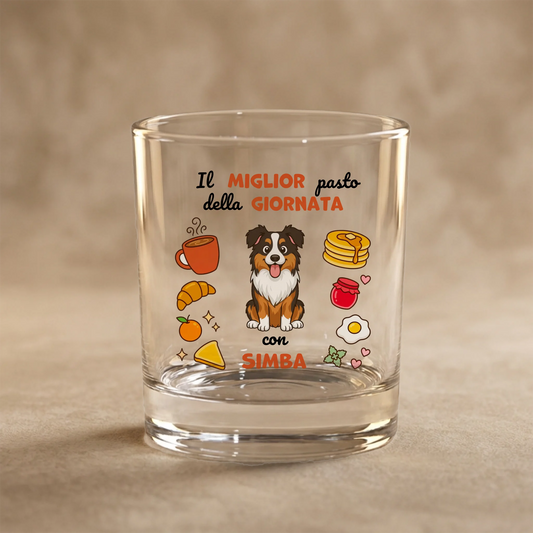Bicchiere personalizzato "Colazione" con cane Australian Shepherd e icone di cibo