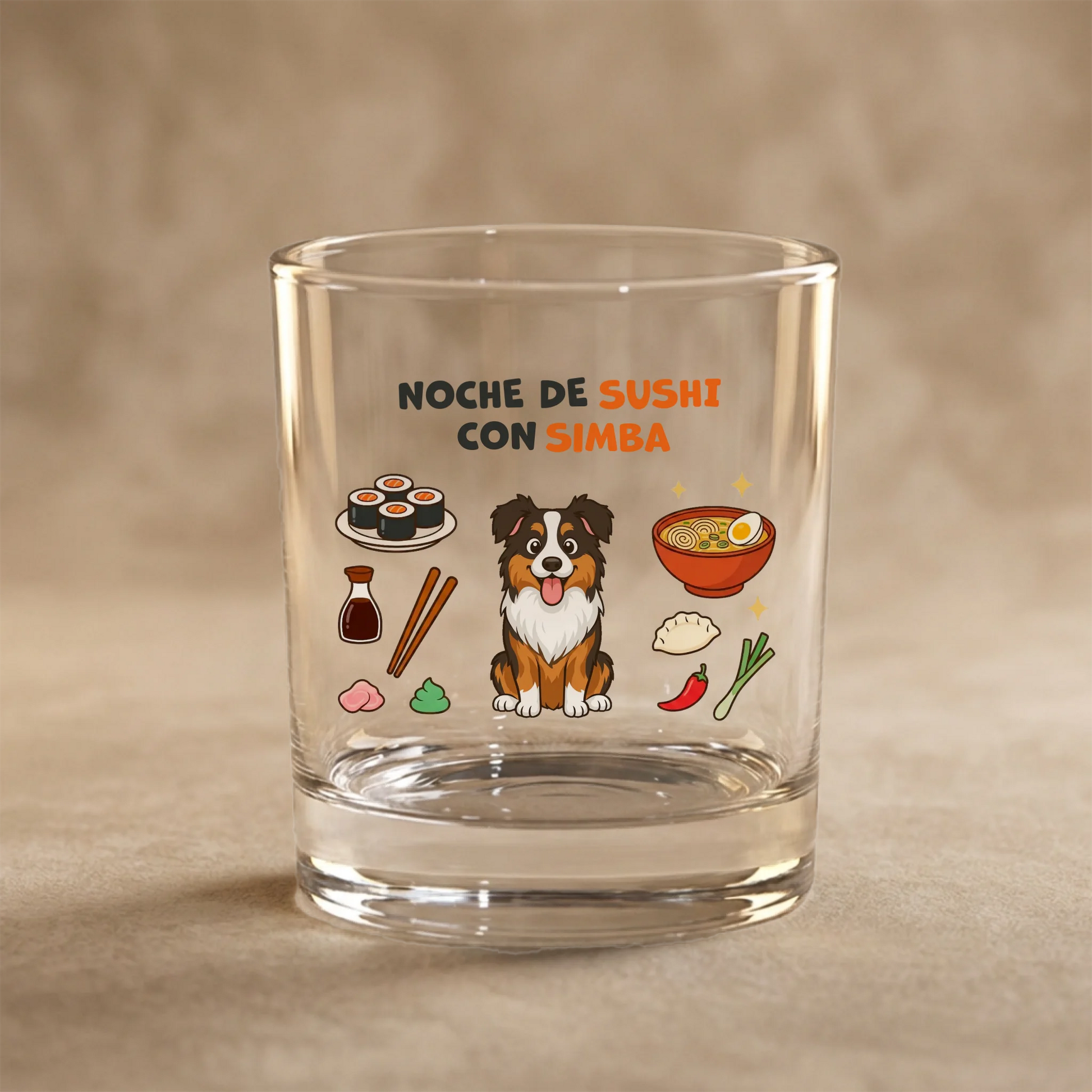 Vaso personalizado 'Noche de Sushi' con retrato de perro y delicias japonesas.