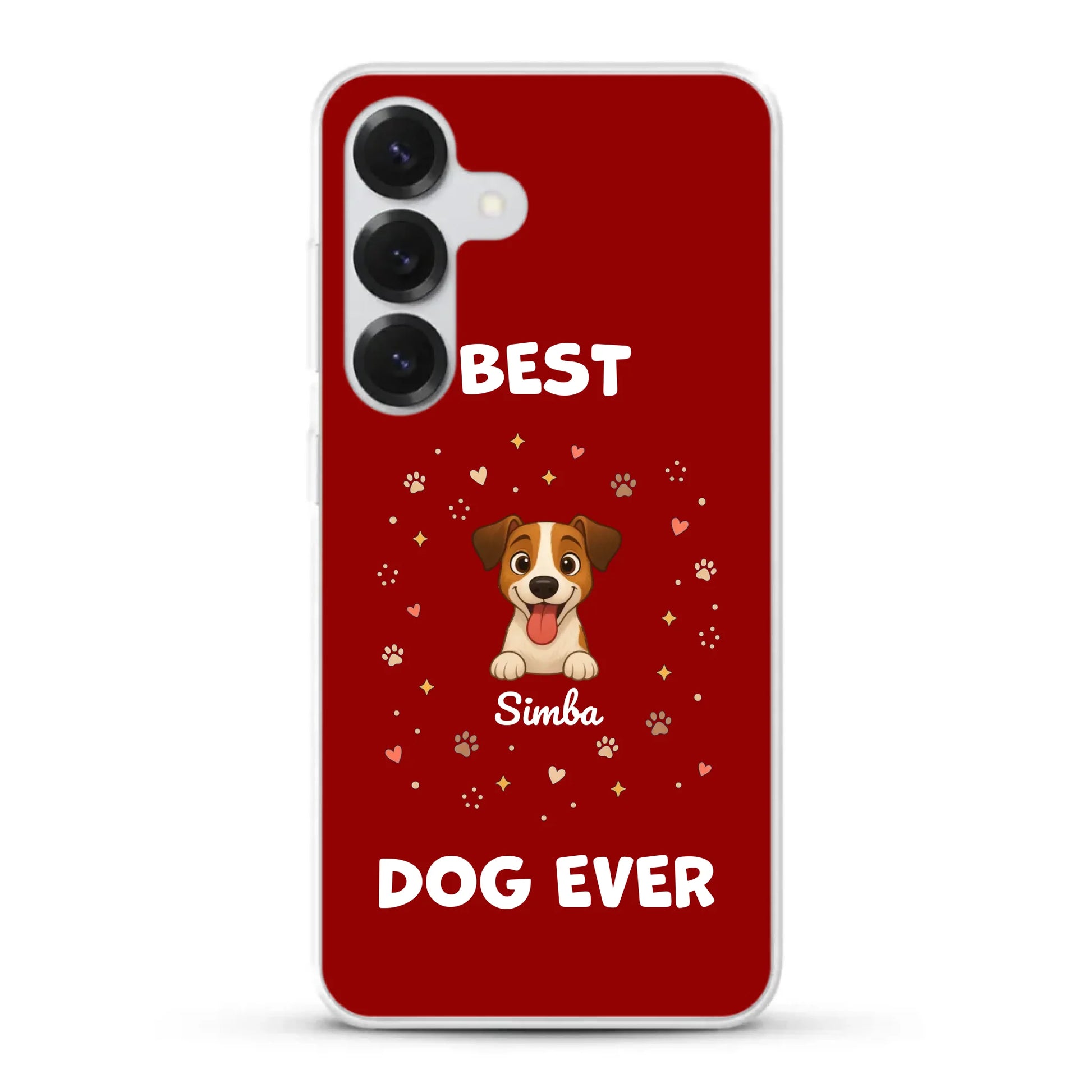 Dettaglio del ritratto di cane felice, zampe e cuori stilizzati sulla cover rossa.