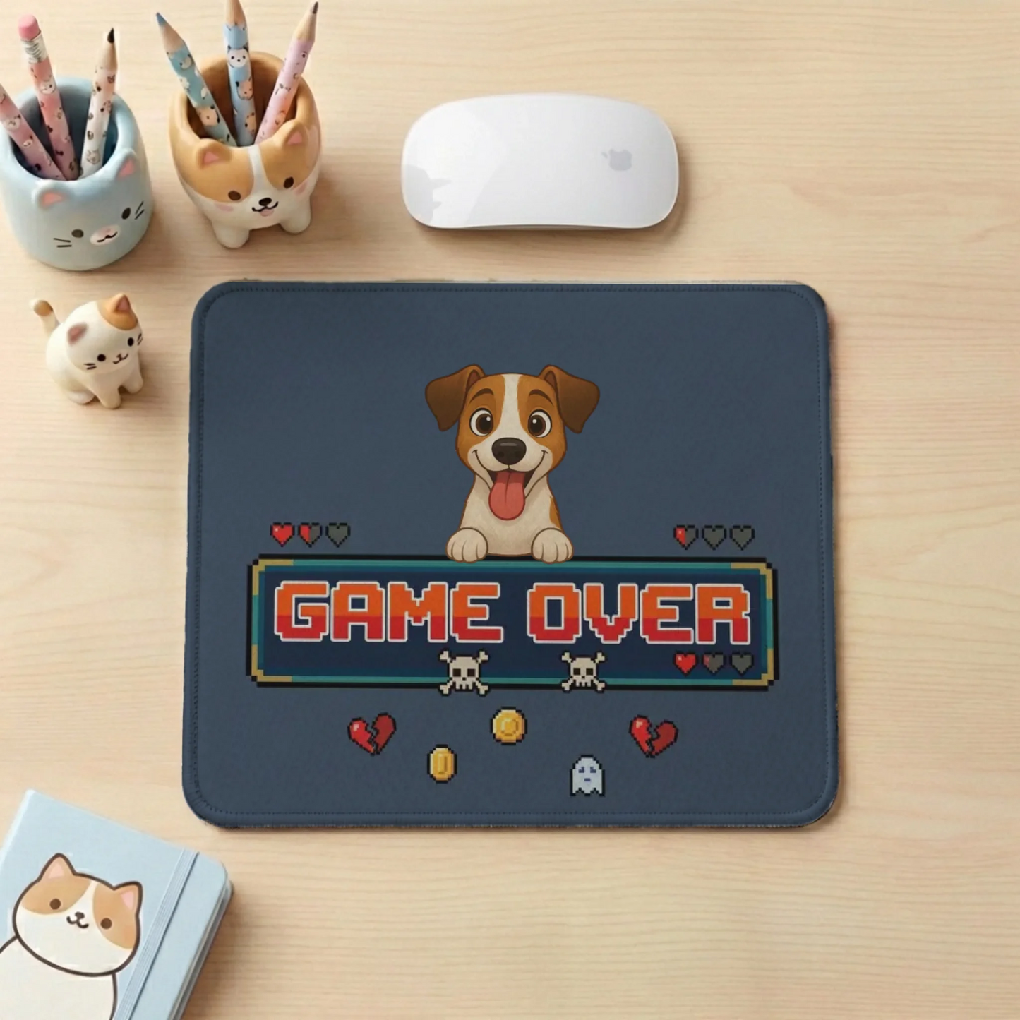 Alfombrilla de ratón personalizada "Game Over" con perro cartoon, ideal para gamers y amantes de mascotas.