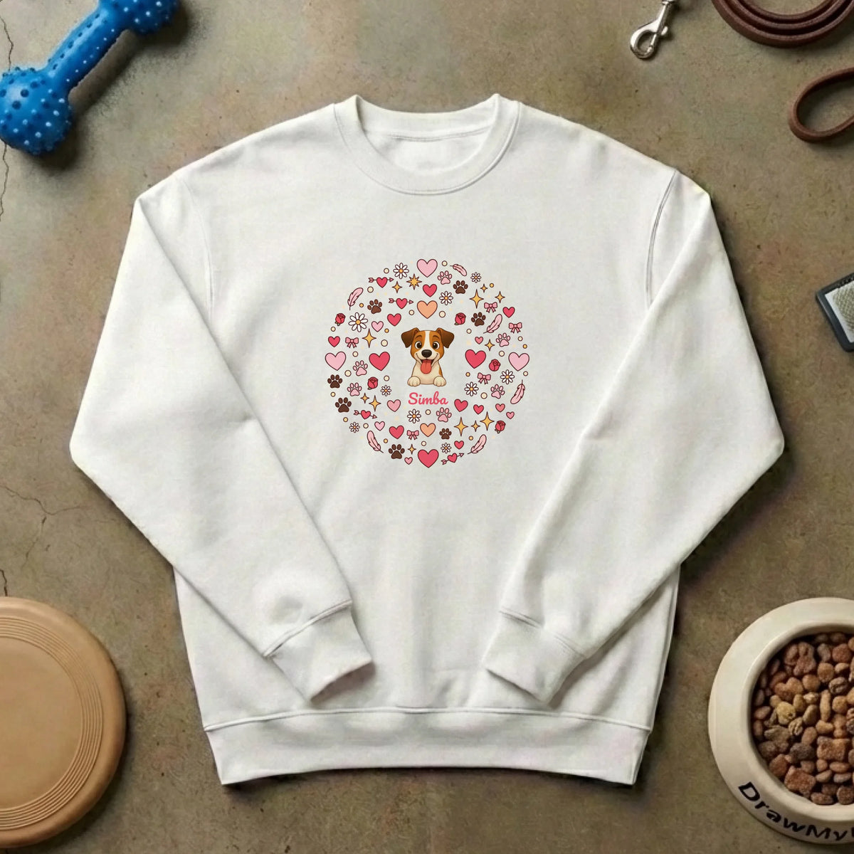 Suéter blanco personalizado "Torbellino de amor" con retrato de perro y su nombre.