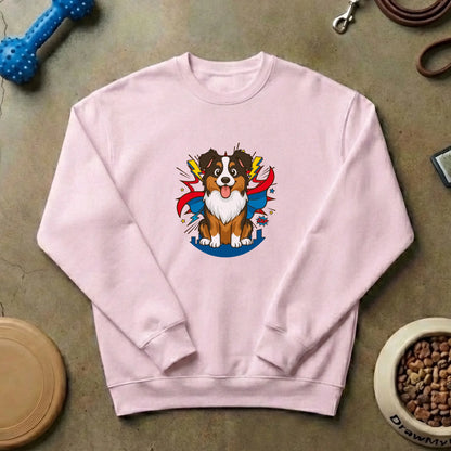 Primer plano del diseño de perro superhéroe con capa roja en suéter blanco