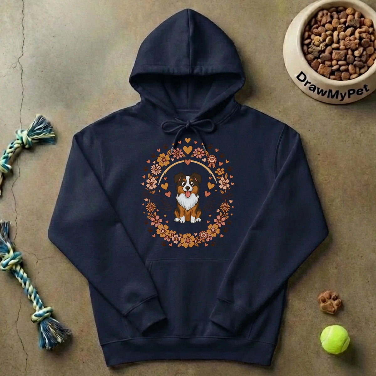 Sudadera con capucha "Unidos para toda la vida" sobre fondo rústico con juguetes de perro