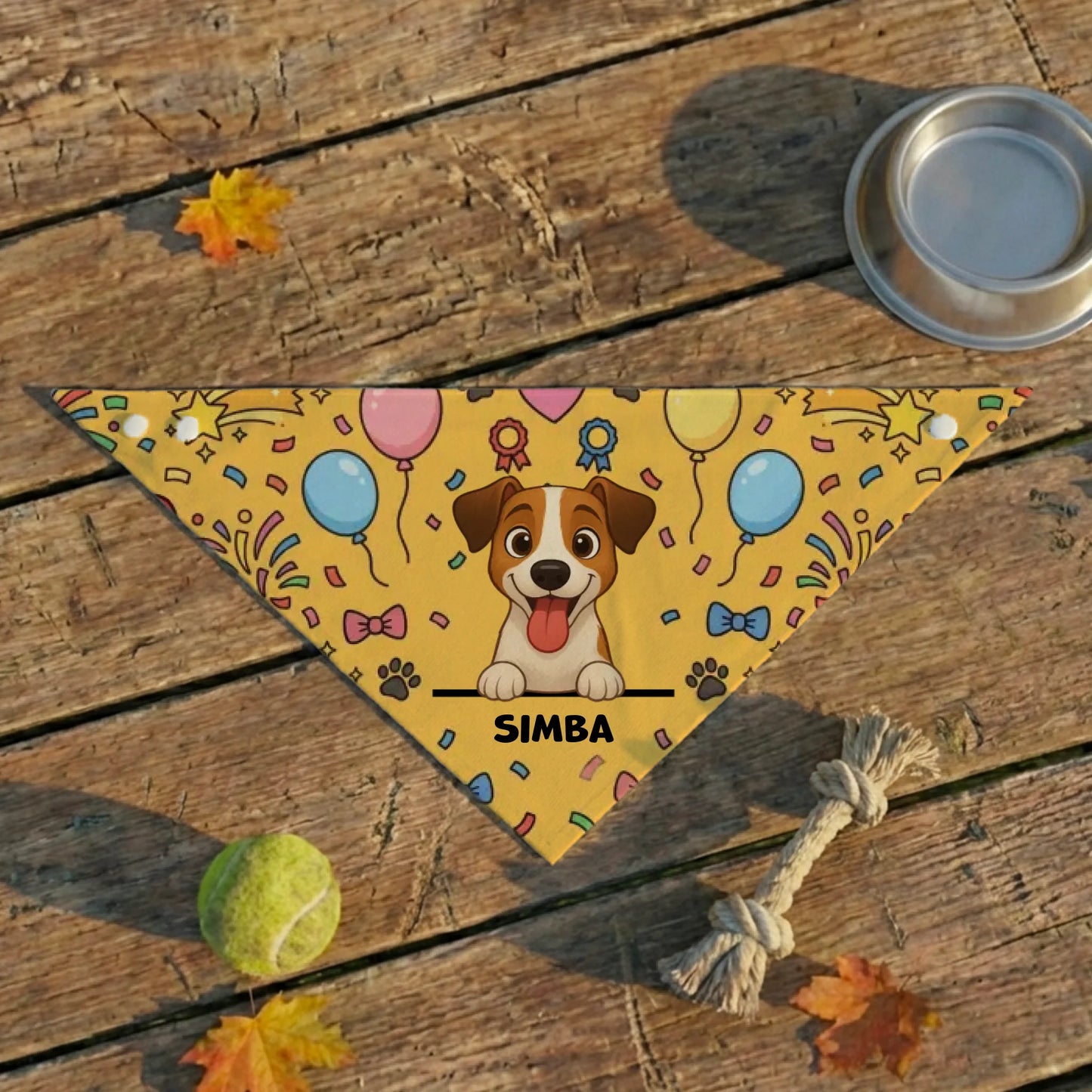 Bandana amarilla personalizada 'Feliz Aniversario-perruno' con dibujo de perro sonriente