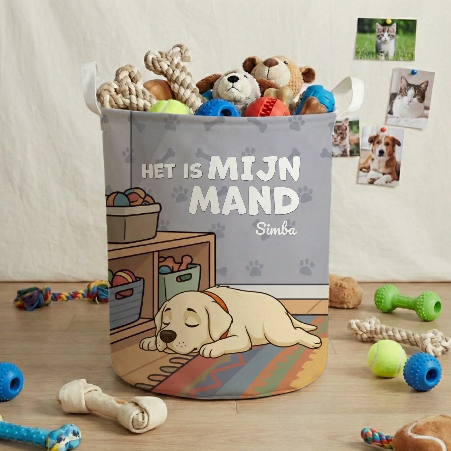 Gepersonaliseerde speelgoedmand met slapende Labrador en de tekst 'Het is MIJN mand'.