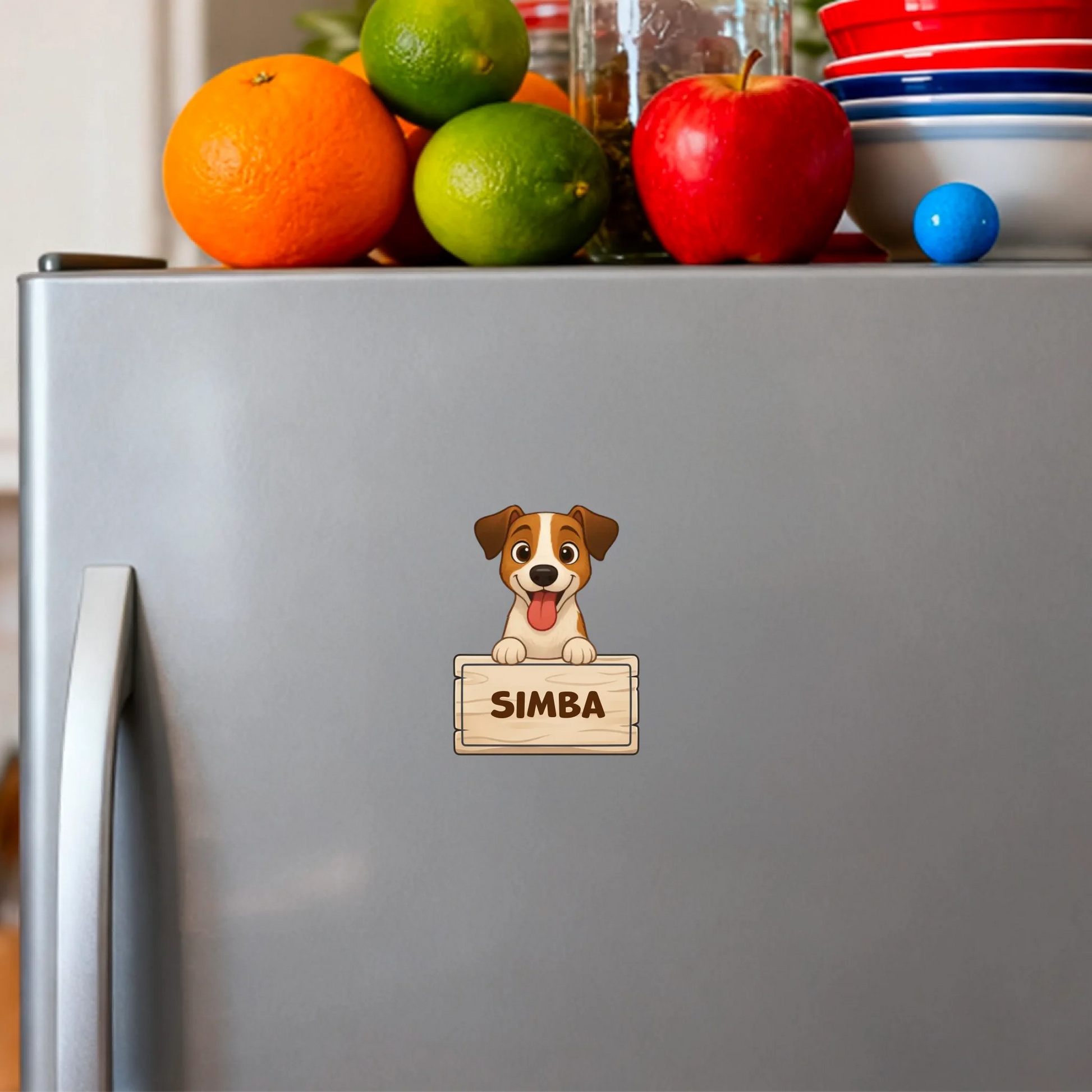 Magnete personalizzato per frigorifero con illustrazione di cane Jack Russell e nome Simba su cartello in legno.