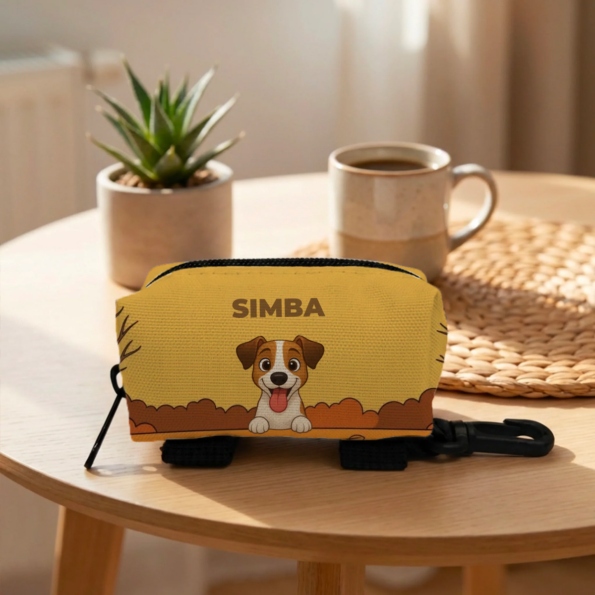 Bolsa para excrementos personalizada con retrato de perro feliz y nombre 'SIMBA' para paseos de otoño.