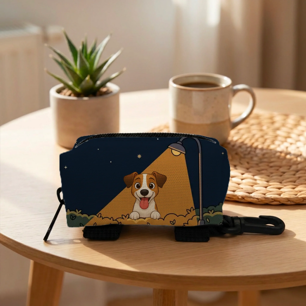Bolsa para excrementos personalizada "Noche en el parque" con retrato de perro Jack Russell bajo farola.