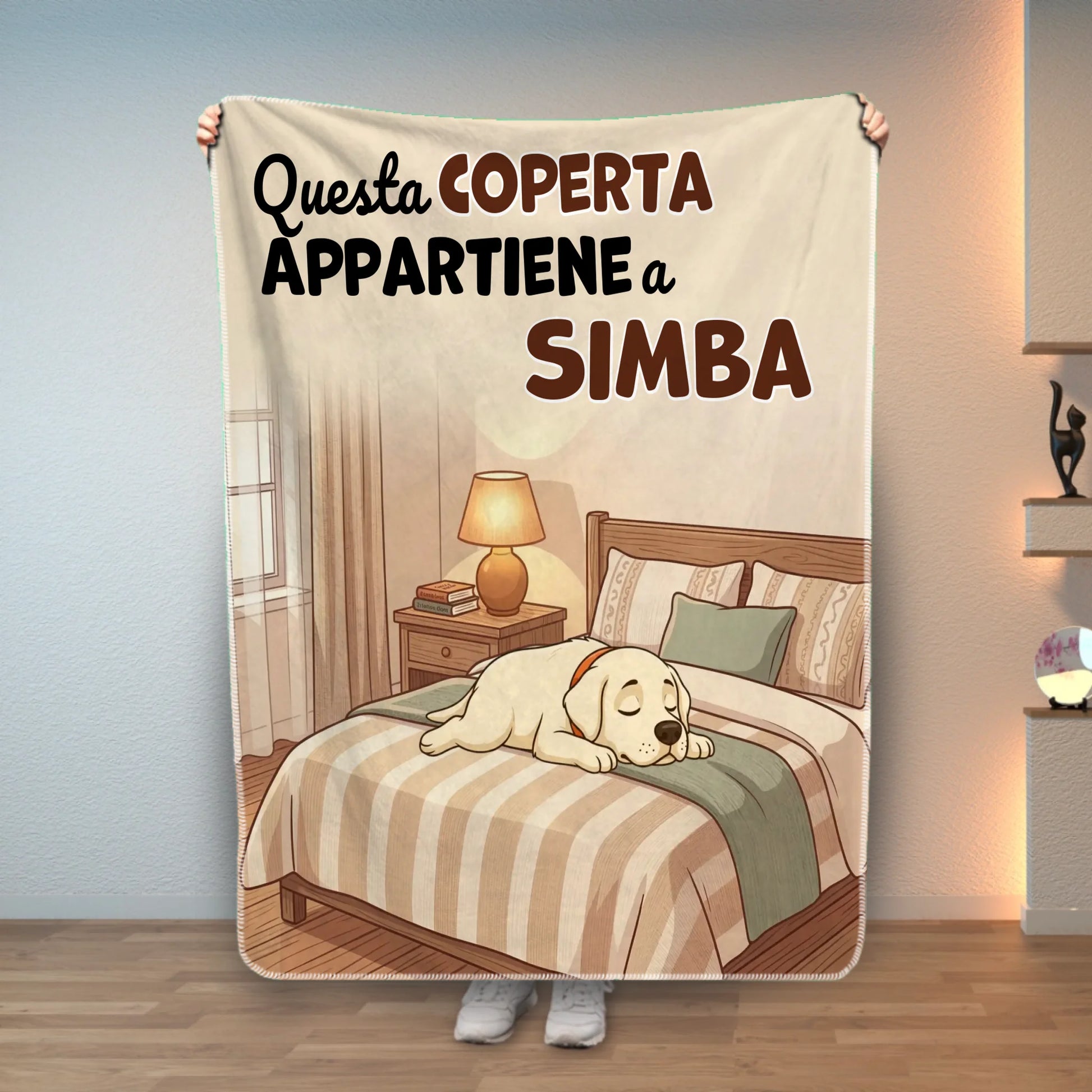 Coperta personalizzata per animali con frase "Questa coperta appartiene a Simba" e disegno di cane che dorme.