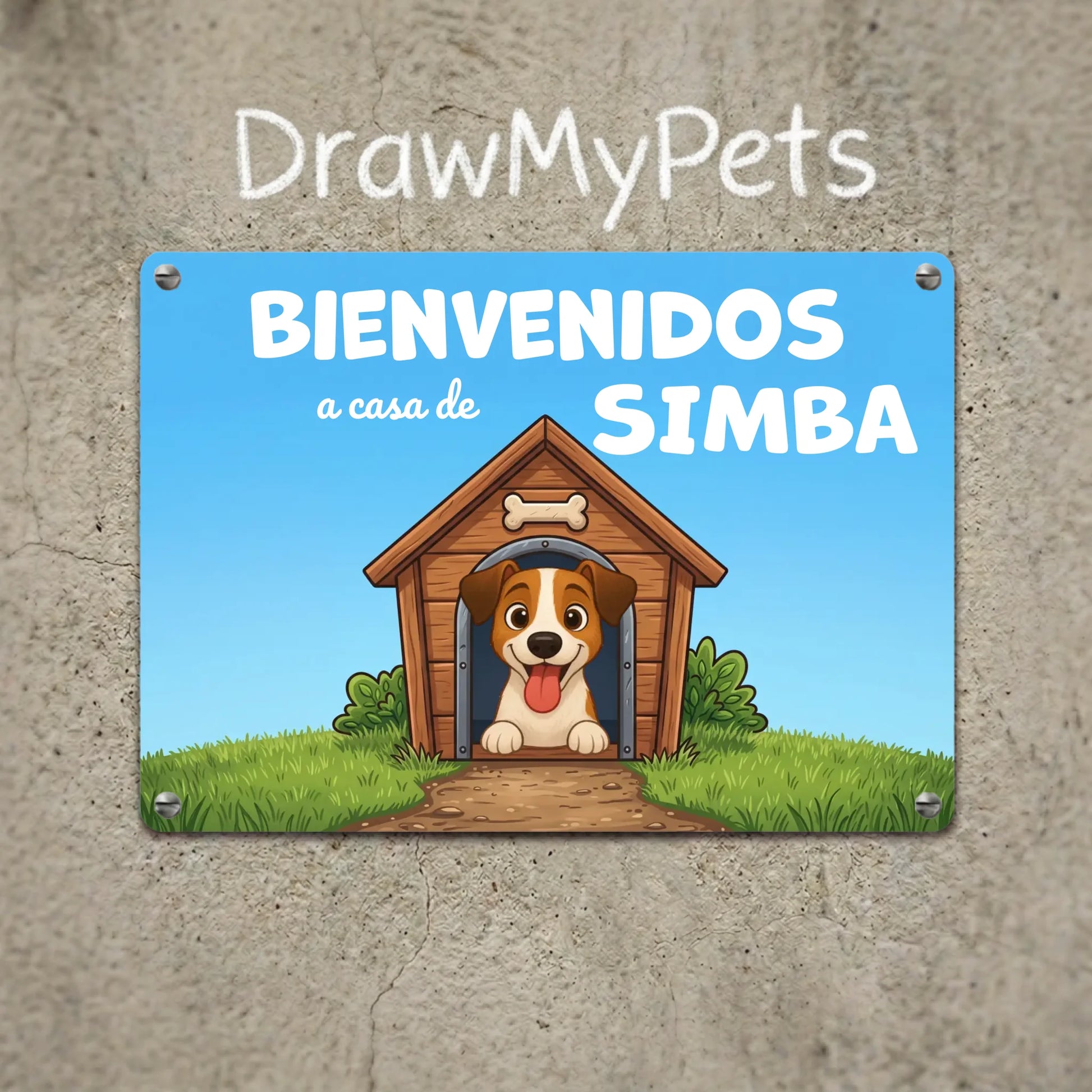 Placa metálica personalizada 'Bienvenidos a casa de Simba' con retrato de perro alegre en caseta.