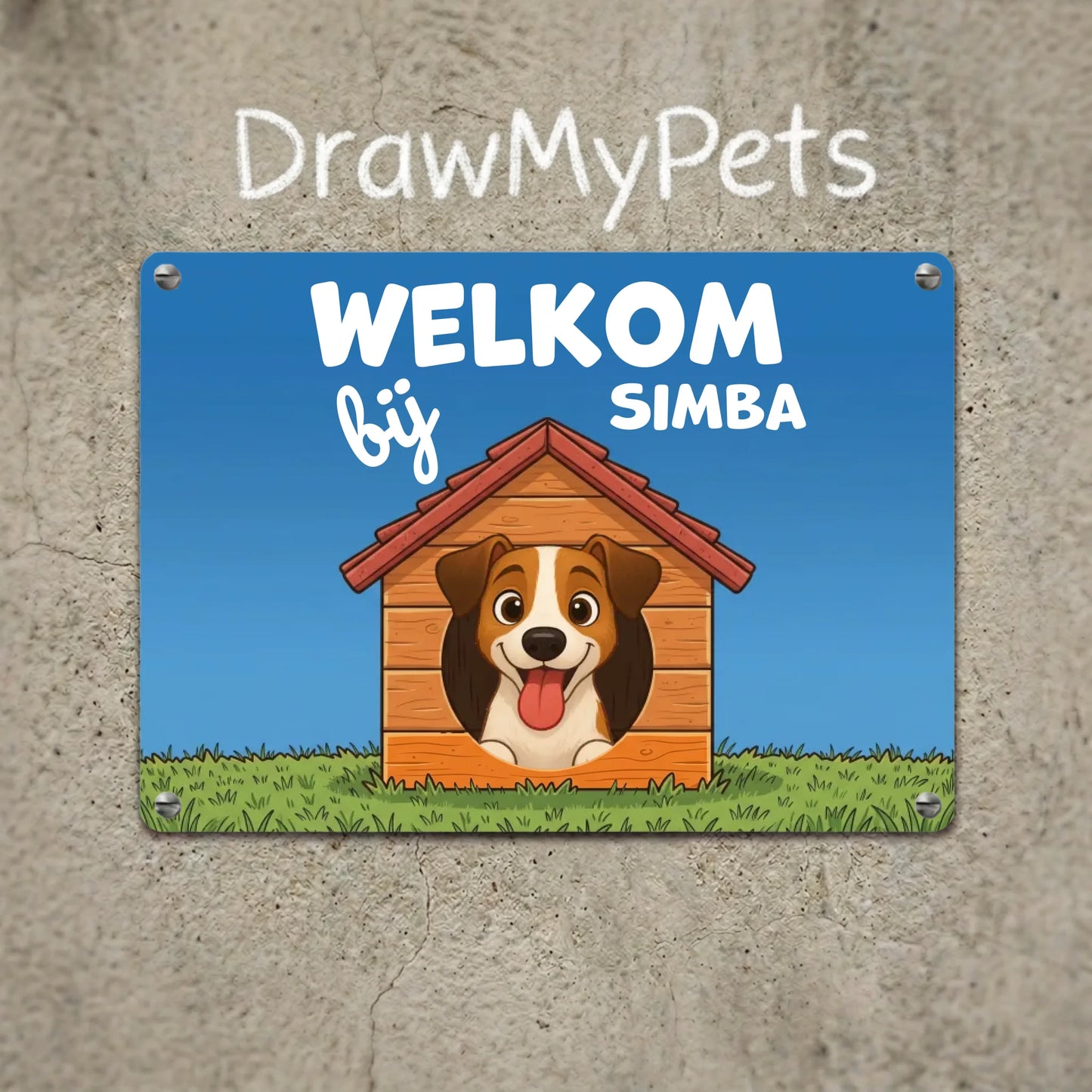 Gepersonaliseerde metalen welkom plaat met vrolijk cartoon portret van een hond in een hondenhok