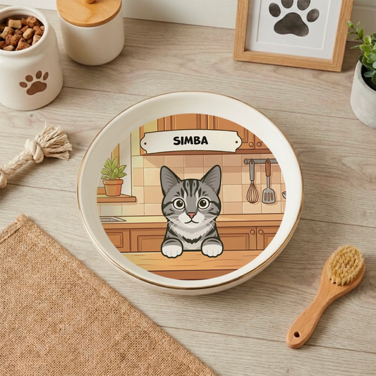 Comedero de cerámica blanco personalizado para gato con diseño de gato atigrado gris en una cocina y nombre "SIMBA"