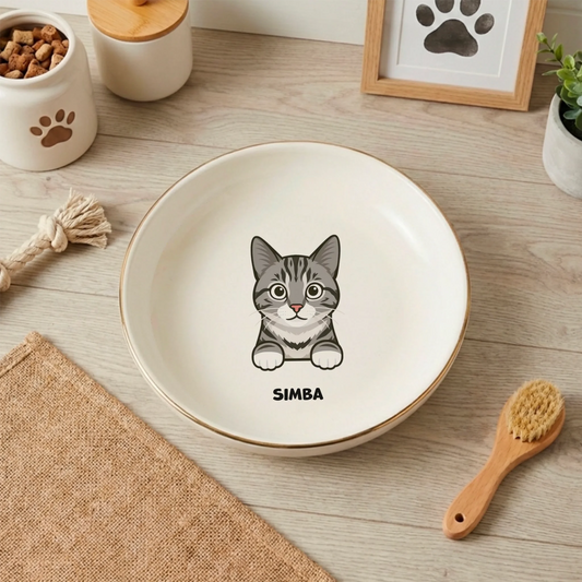 Comedero blanco personalizado para gato con dibujo de gato tabby gris y nombre SIMBA, borde dorado.