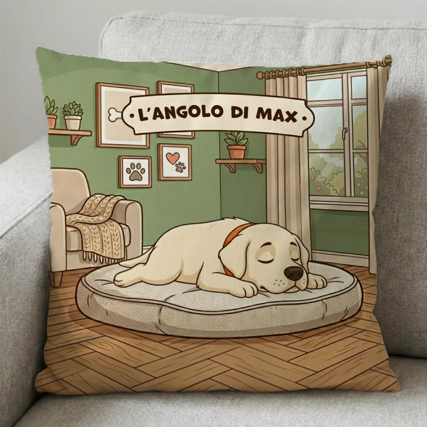 Cuscino quadrato personalizzato "L'angolo di [Nome]" con ritratto di cane Labrador che dorme.