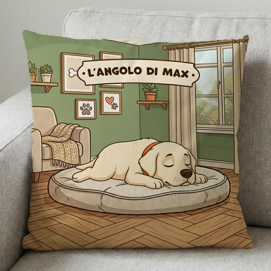 Cuscino quadrato personalizzato "L'angolo di [Nome]" con ritratto di cane Labrador che dorme.