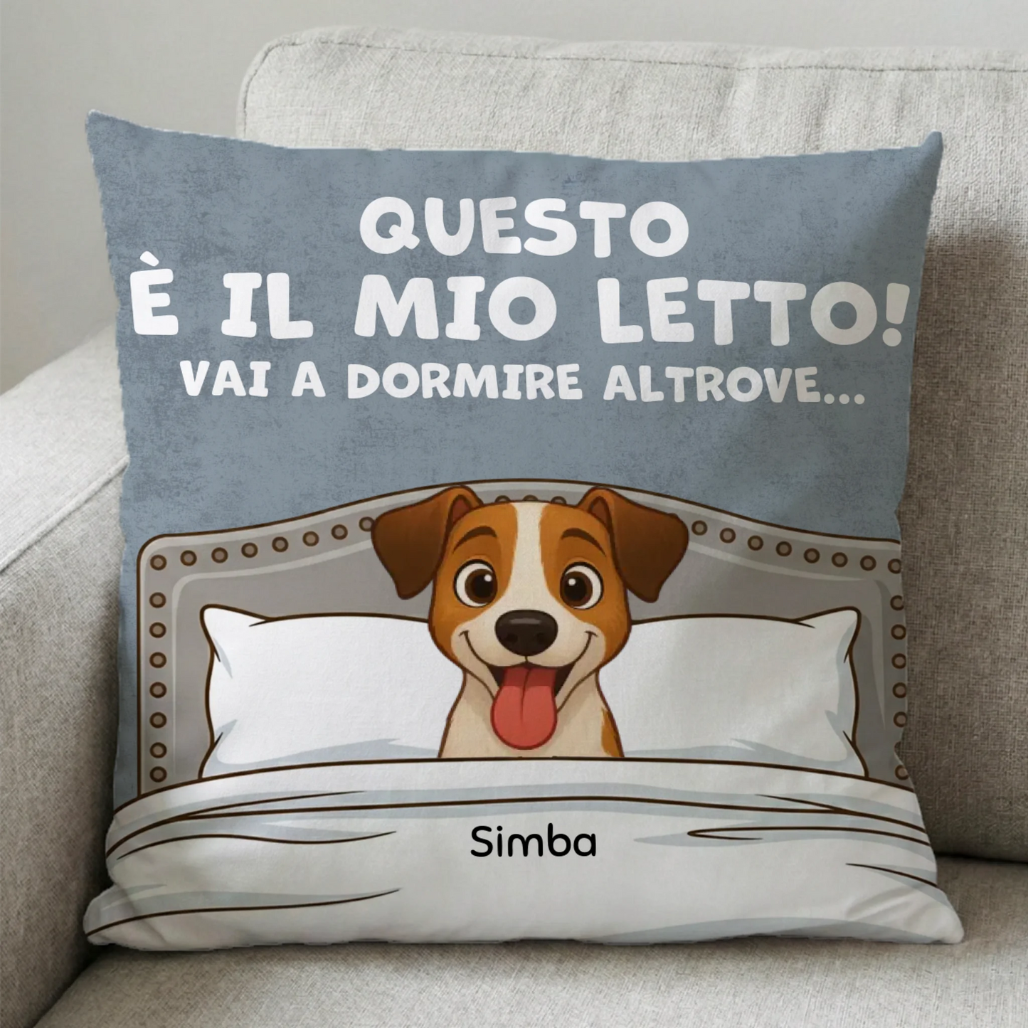 Cuscino quadrato personalizzato "Questo è il mio letto" con disegno di cane sorridente