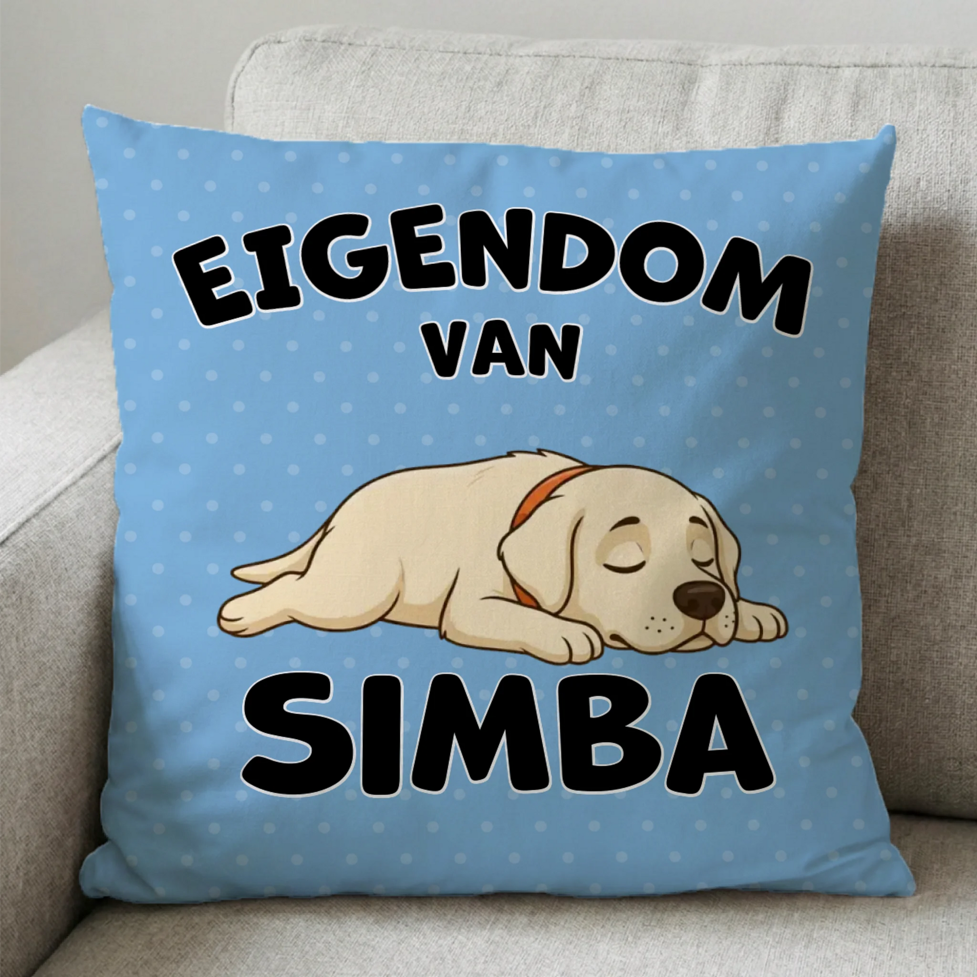 Gepersonaliseerd vierkant kussen 'Eigendom van' met slapende hond en naam Simba op blauwe achtergrond.