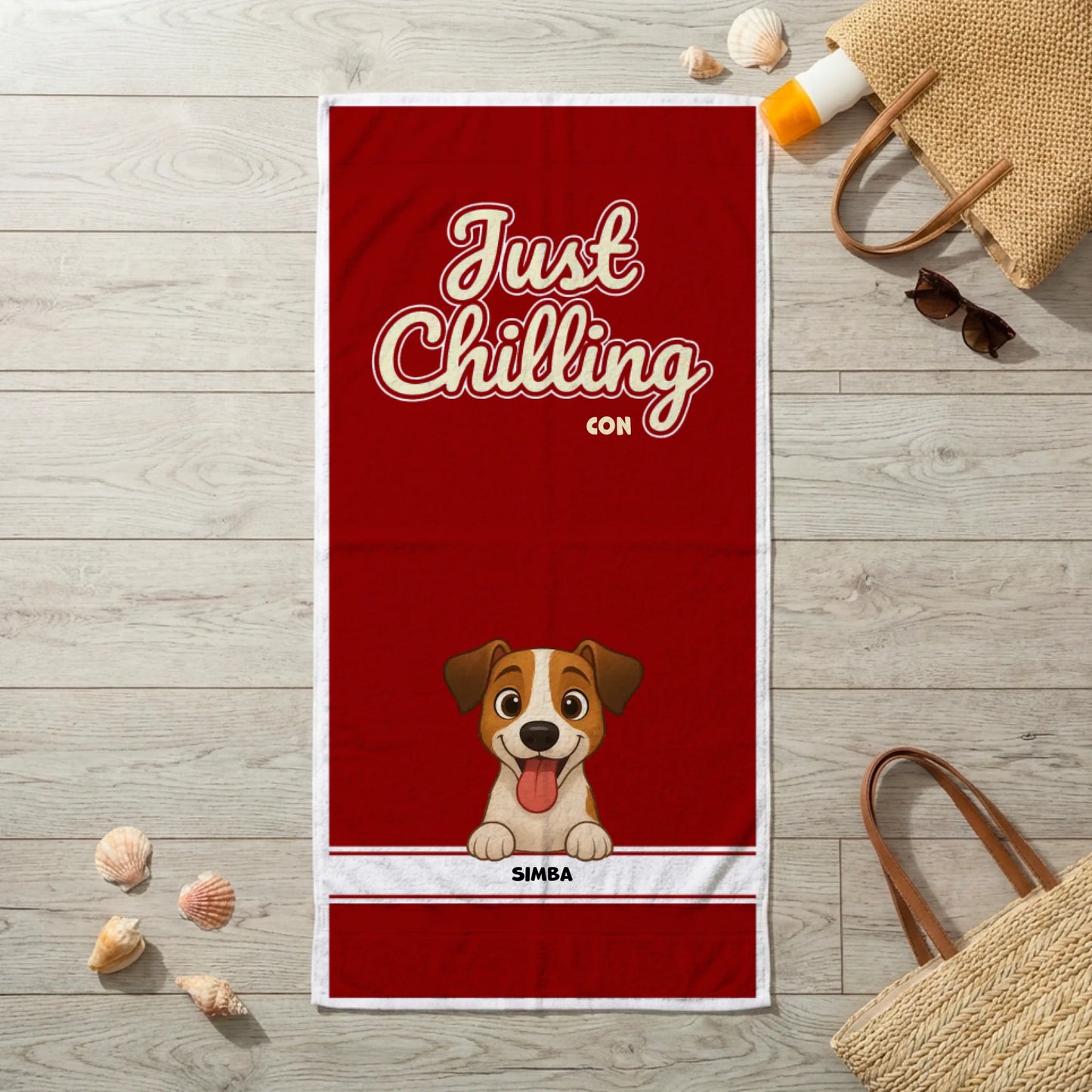 Toalla de playa personalizada roja 'Just Chilling' con perro Jack Russell y nombre Simba