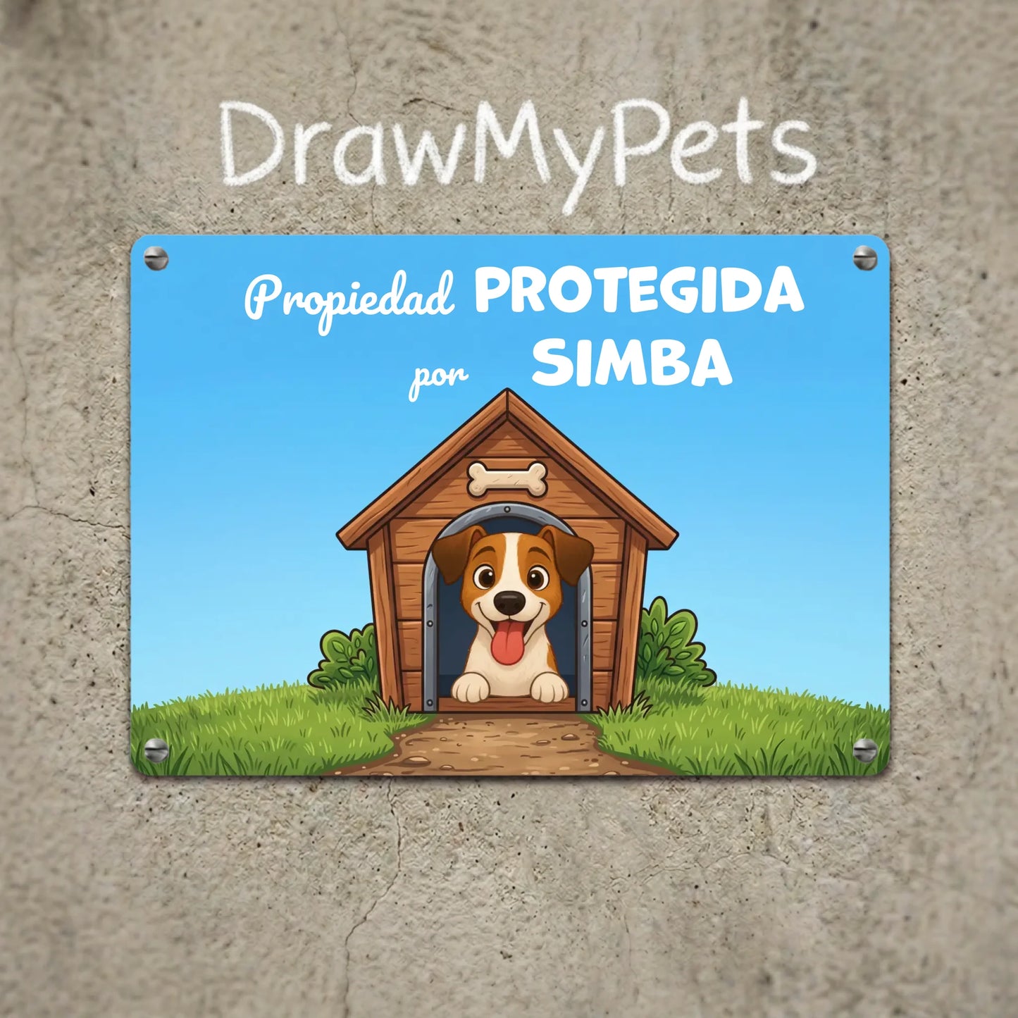 Placa metálica rectangular personalizada con diseño de perro en caseta y texto 'Propiedad PROTEGIDA por [Nombre de mascota]'.