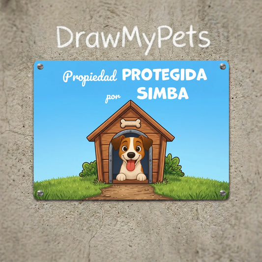 Placa metálica rectangular personalizada con diseño de perro en caseta y texto 'Propiedad PROTEGIDA por [Nombre de mascota]'.