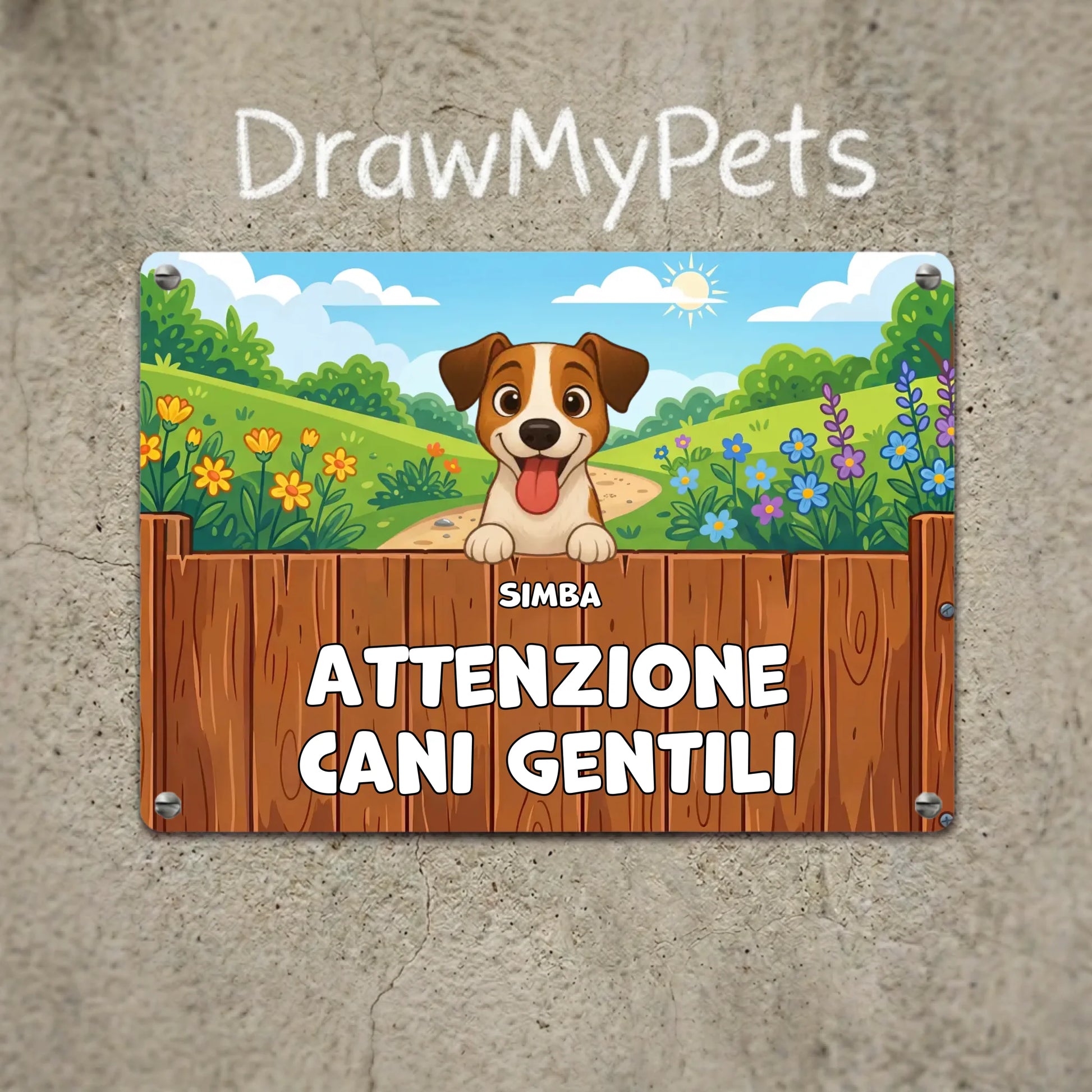 Targa in metallo personalizzata "Attenzione cani gentili" con ritratto di un cagnolino felice