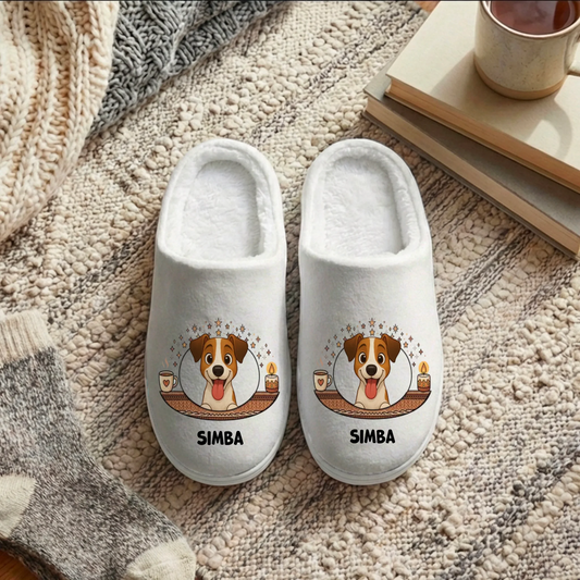 Gepersonaliseerde witte pantoffels met cartoonportret van blije hond, naam 'SIMBA', kaars en mok, op een knusse deken.