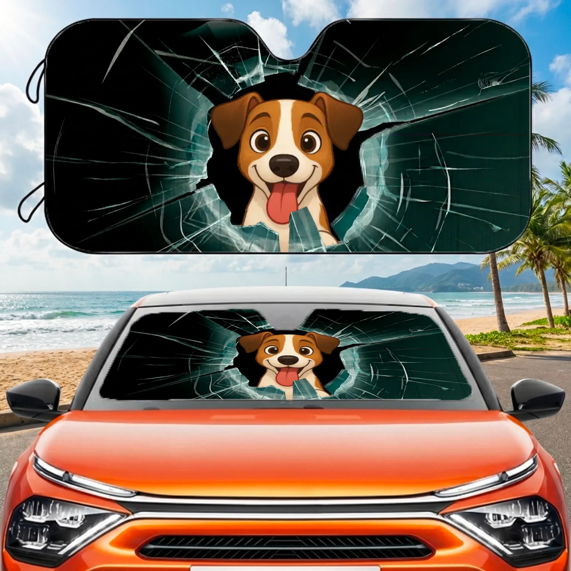 Parasole personalizzato per auto Draw My Pets con cane cartone animato che sbuca da un finestrino rotto.