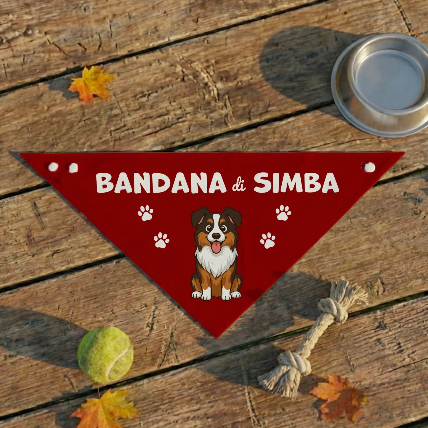 Bandana rossa personalizzata per cani e gatti con nome Simba e ritratto di pastore australiano cartoon