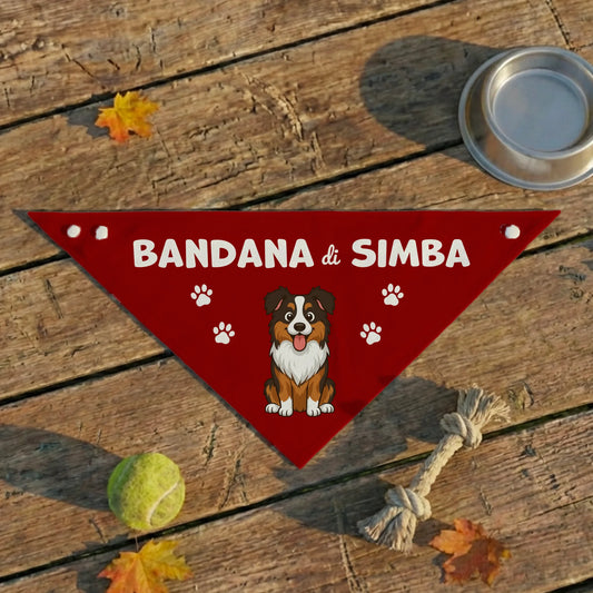 Bandana rossa personalizzata per cani e gatti con nome Simba e ritratto di pastore australiano cartoon