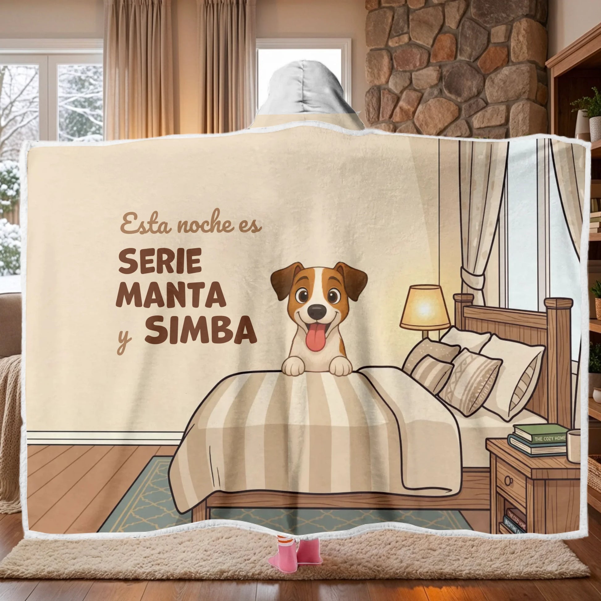 Manta con capucha personalizada con diseño de perro cartoon feliz en una noche acogedora de series.