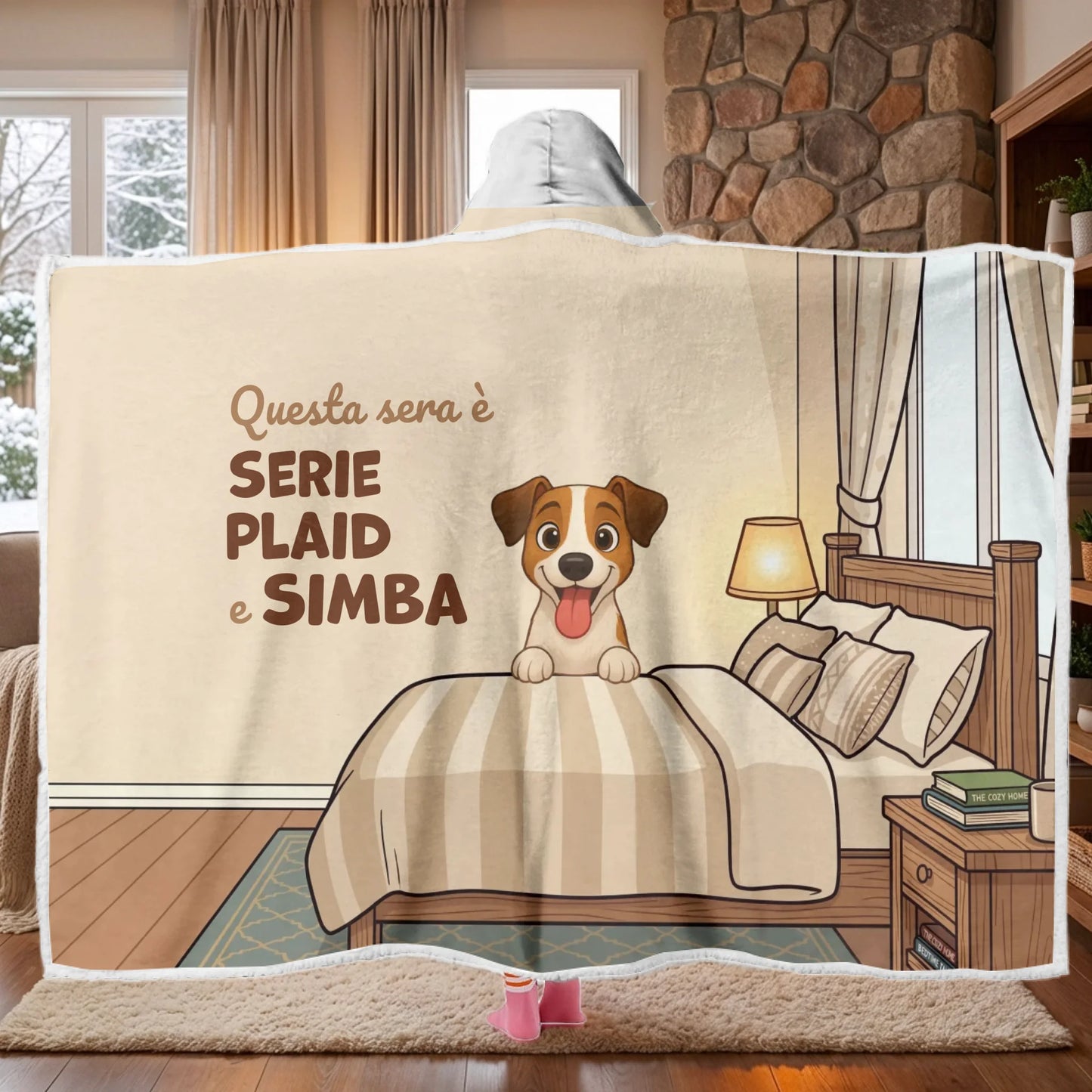 Plaid con cappuccio personalizzato "Questa sera è serie, plaid e [Nome]" con ritratto cane Jack Russell e nome del pet, per serate coccolose DMP