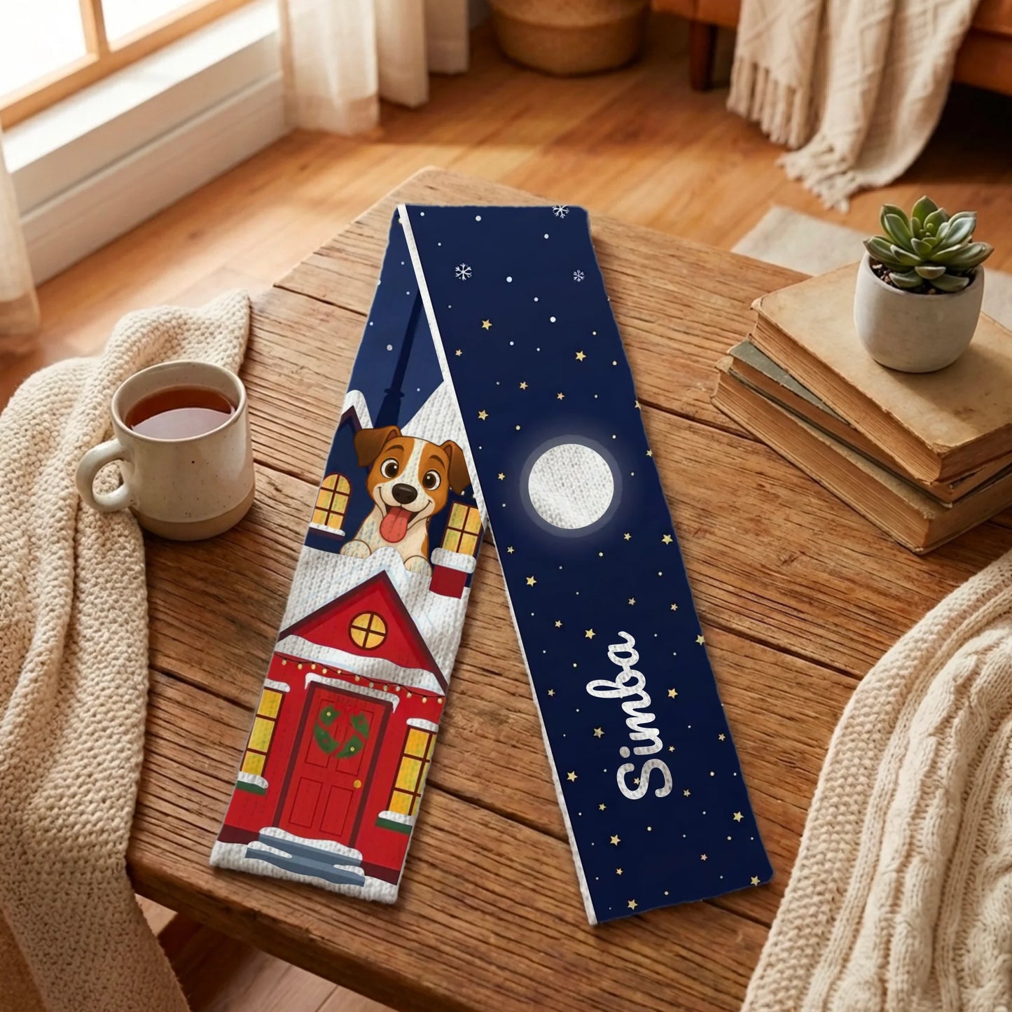 Sciarpa personalizzata "Notte di Natale" con ritratto di cane e nome "Simba" su tavolo in legno.