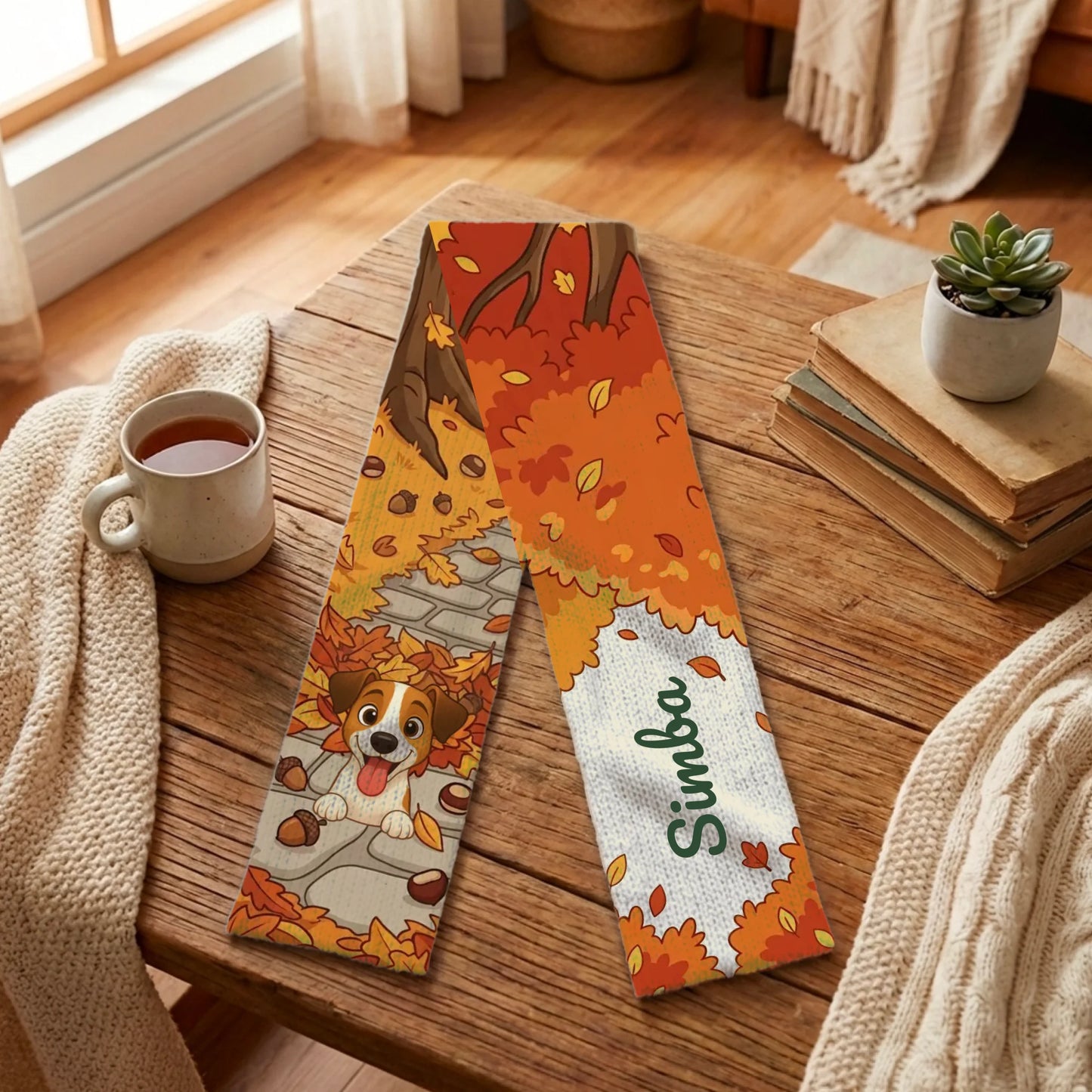 Bufanda personalizada con diseño 'Paseo por el Bosque' y nombre de perro Simba