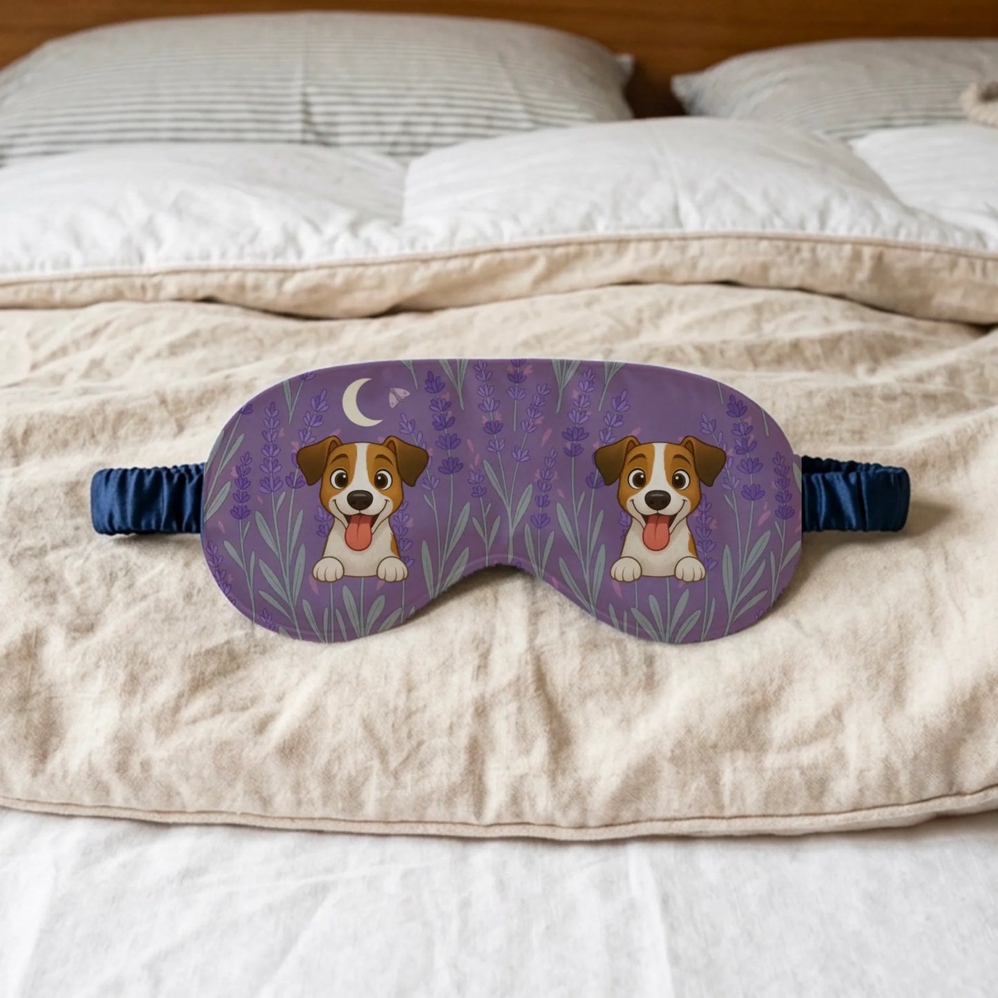Gepersonaliseerd slaapmasker 'Nacht in Provence' met cartoonhond tussen lavendel