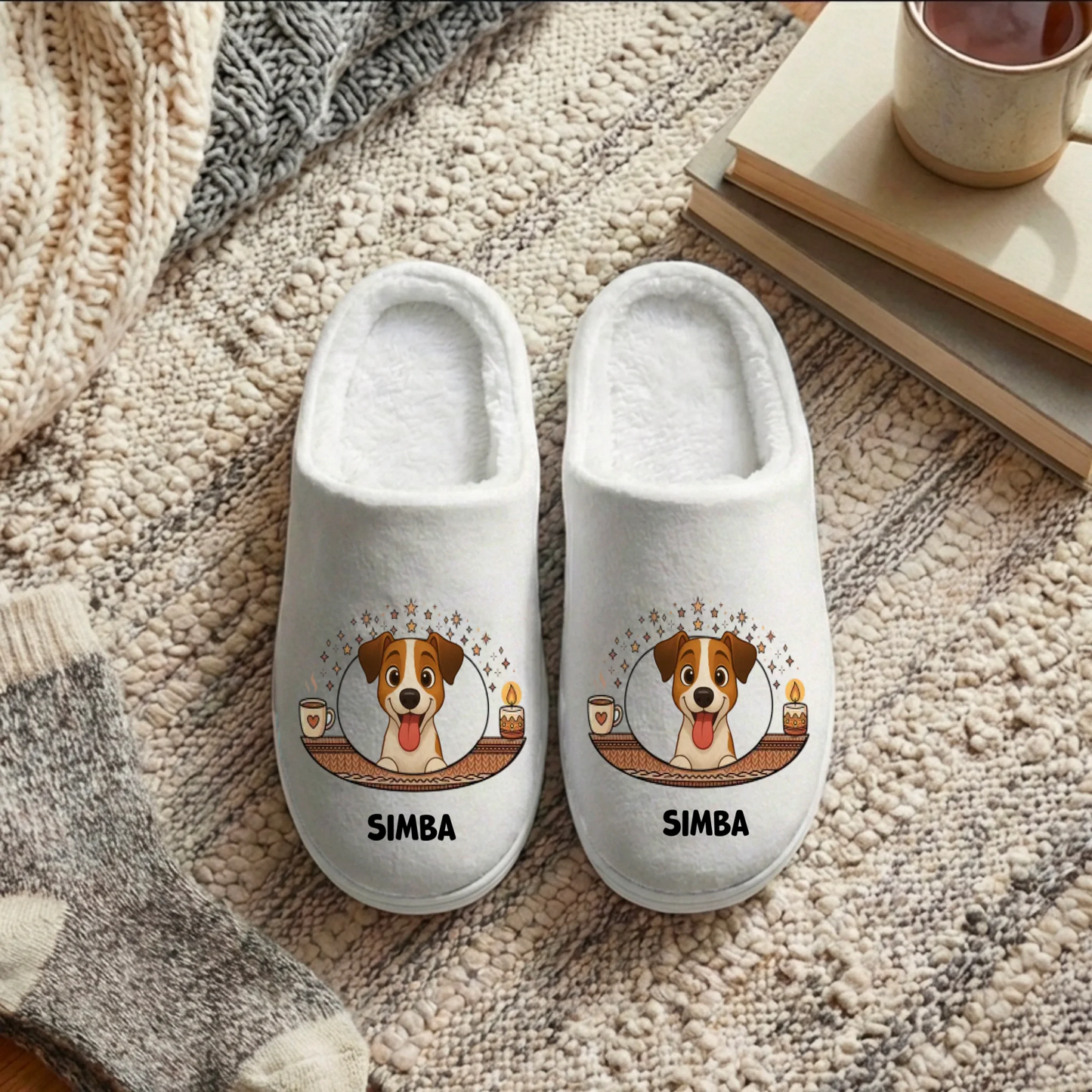 Par de pantuflas personalizadas Noche Estrellada con un perro Jack Russell y su nombre