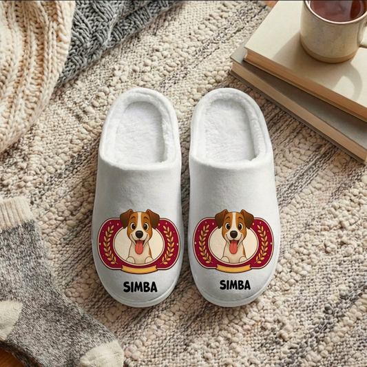Pantofole personalizzate bianche con ritratto di cane Jack Russell e nome Simba, su tappeto beige con coperta e tazza.