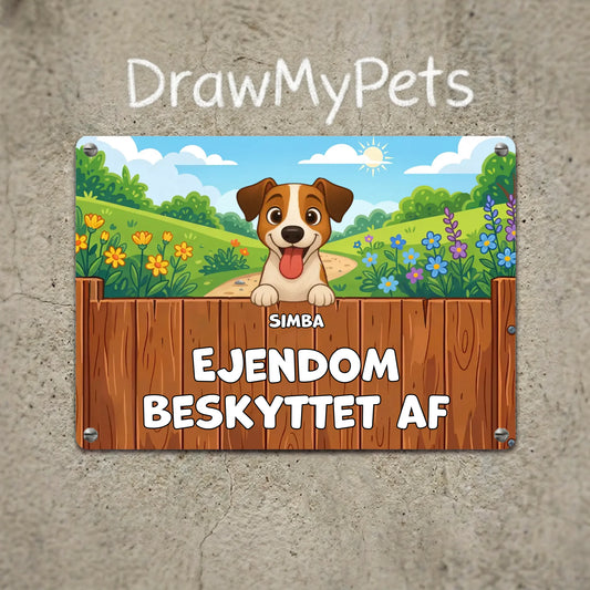 Personligt metalskilt med tegning af en glad hund, der vogter ejendom.