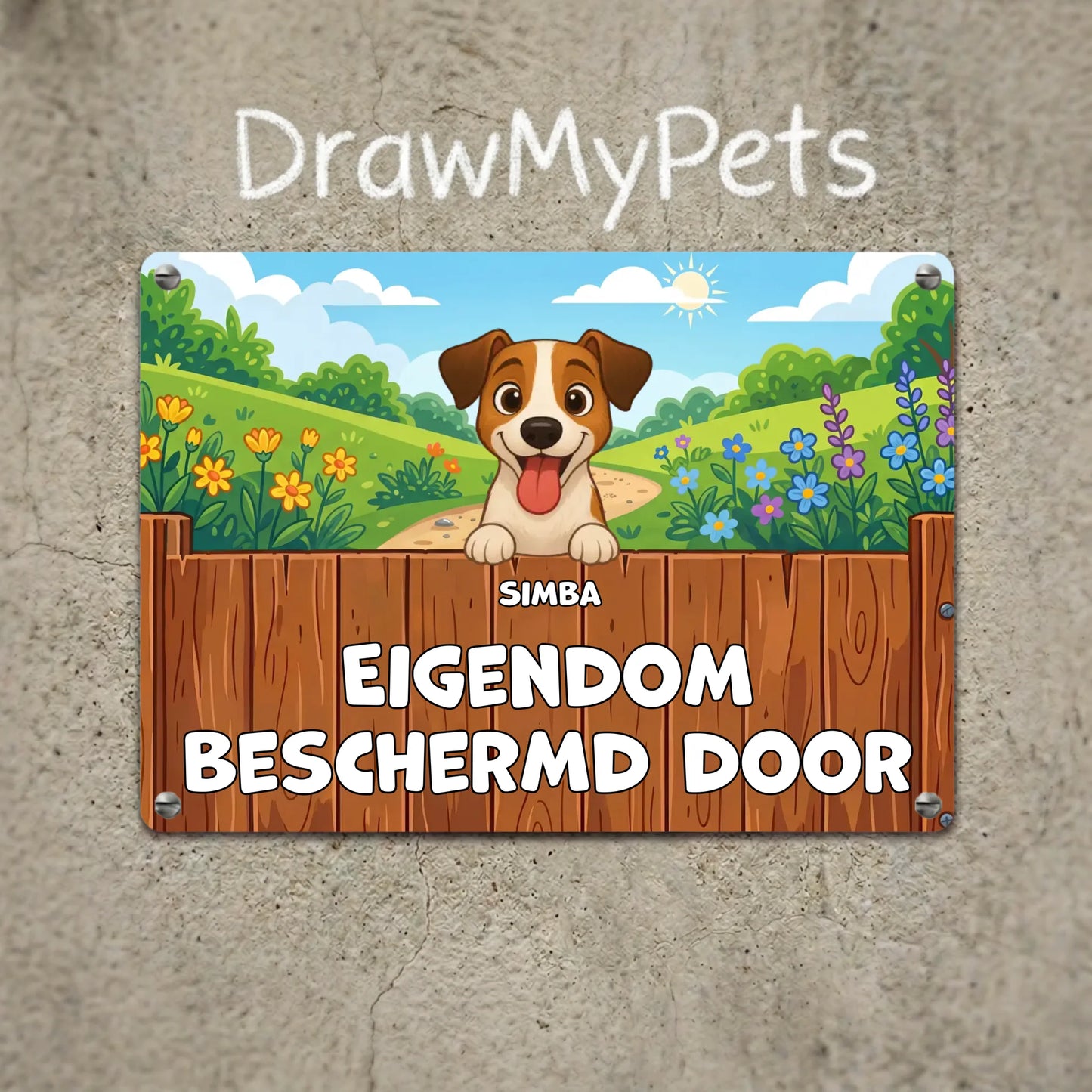 Gepersonaliseerde metalen plaat met lachende Jack Russell 'Simba', tekst 'Eigendom beschermd door'.