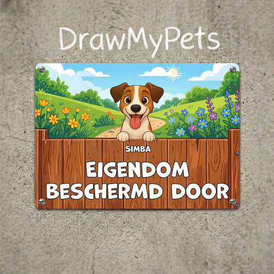 Gepersonaliseerde metalen plaat met lachende Jack Russell 'Simba', tekst 'Eigendom beschermd door'.