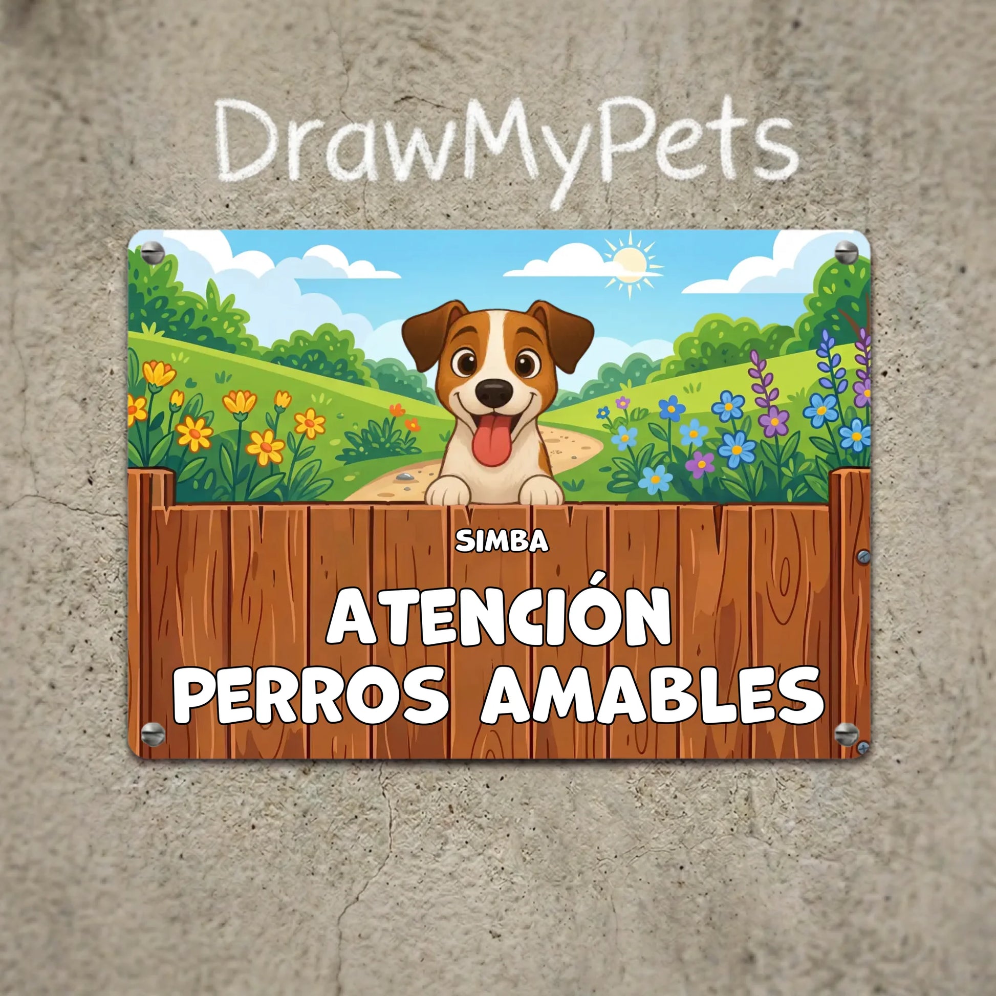 Placa metálica rectangular personalizada "Atención Perros Amables" con dibujo de perro Jack Russell sonriente