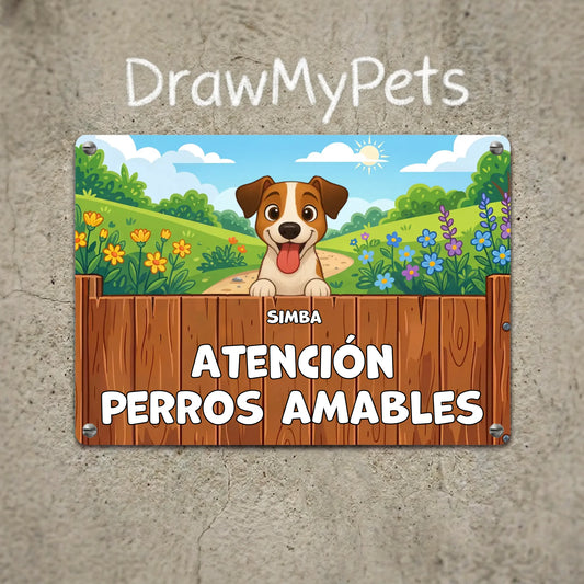 Placa metálica rectangular personalizada "Atención Perros Amables" con dibujo de perro Jack Russell sonriente