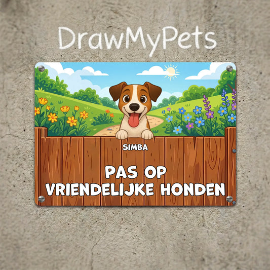 Gepersonaliseerde metalen plaat met vrolijke Jack Russell hond en tekst "Pas op vriendelijke honden".
