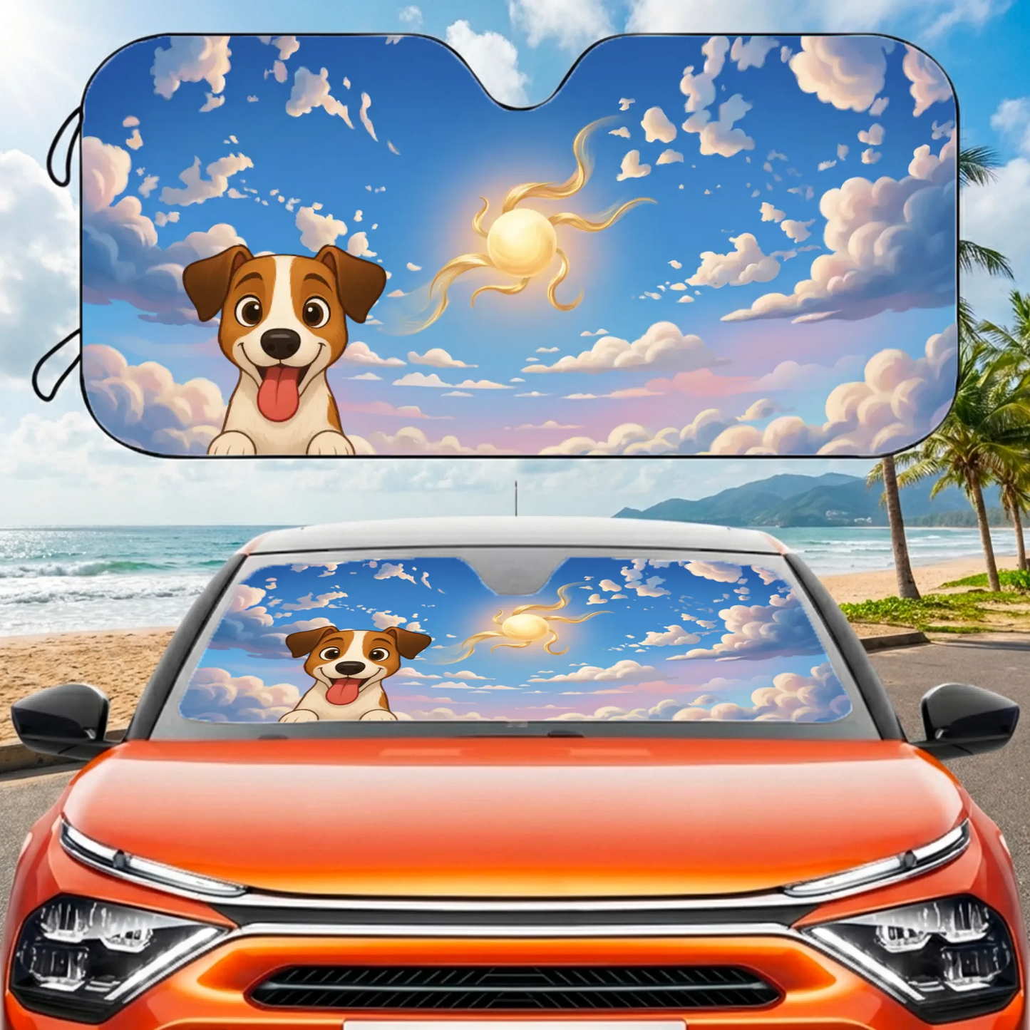 Personligt solskærm til bil med glad hund, sommerhimmel og sol fra Draw My Pets.
