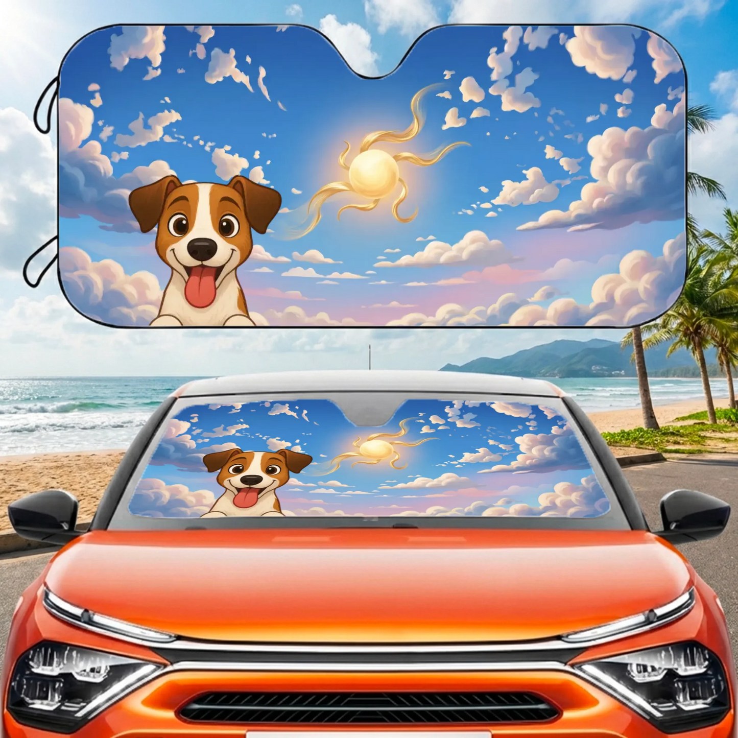 Parasole auto personalizzato con cucciolo felice e cielo d'estate blu