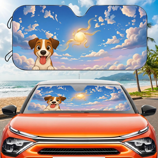 Gepersonaliseerd zonnescherm voor auto met vrolijke cartoonhond en zomerse lucht, geïnstalleerd in een oranje auto bij het strand.