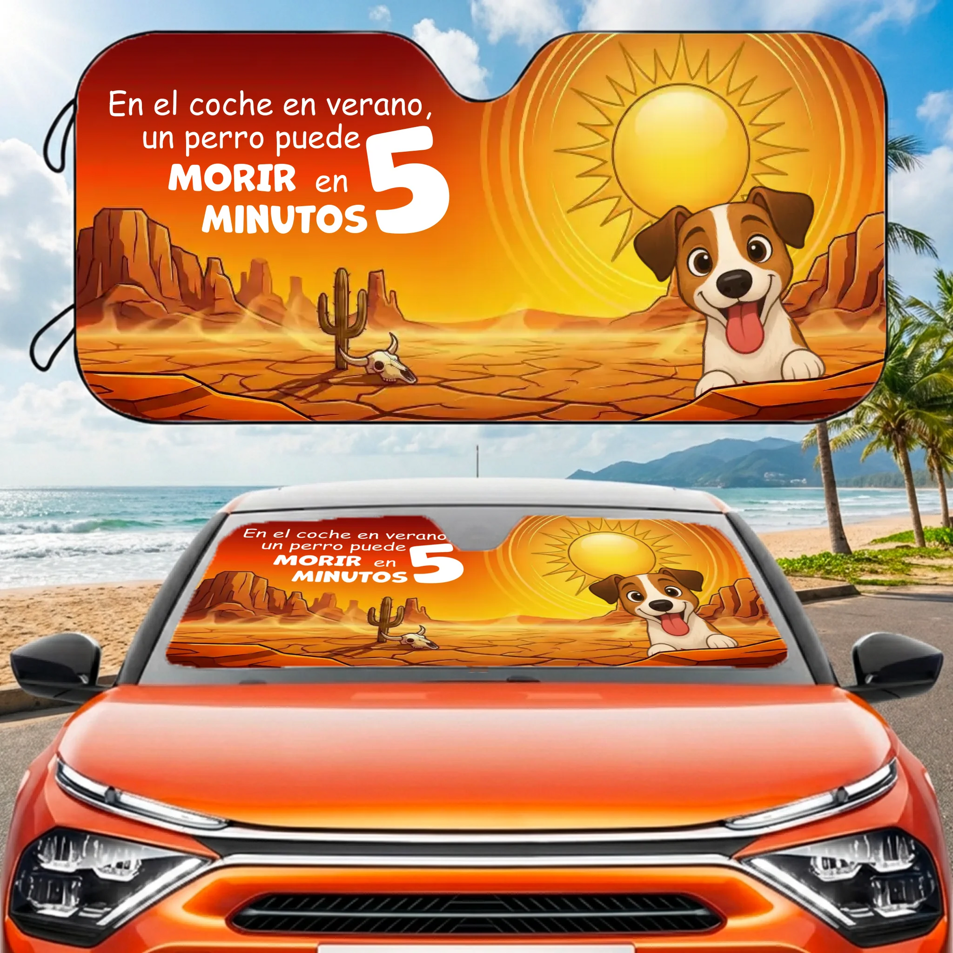 Parasol personalizado para coche con diseño de perro y mensaje de alerta de calor