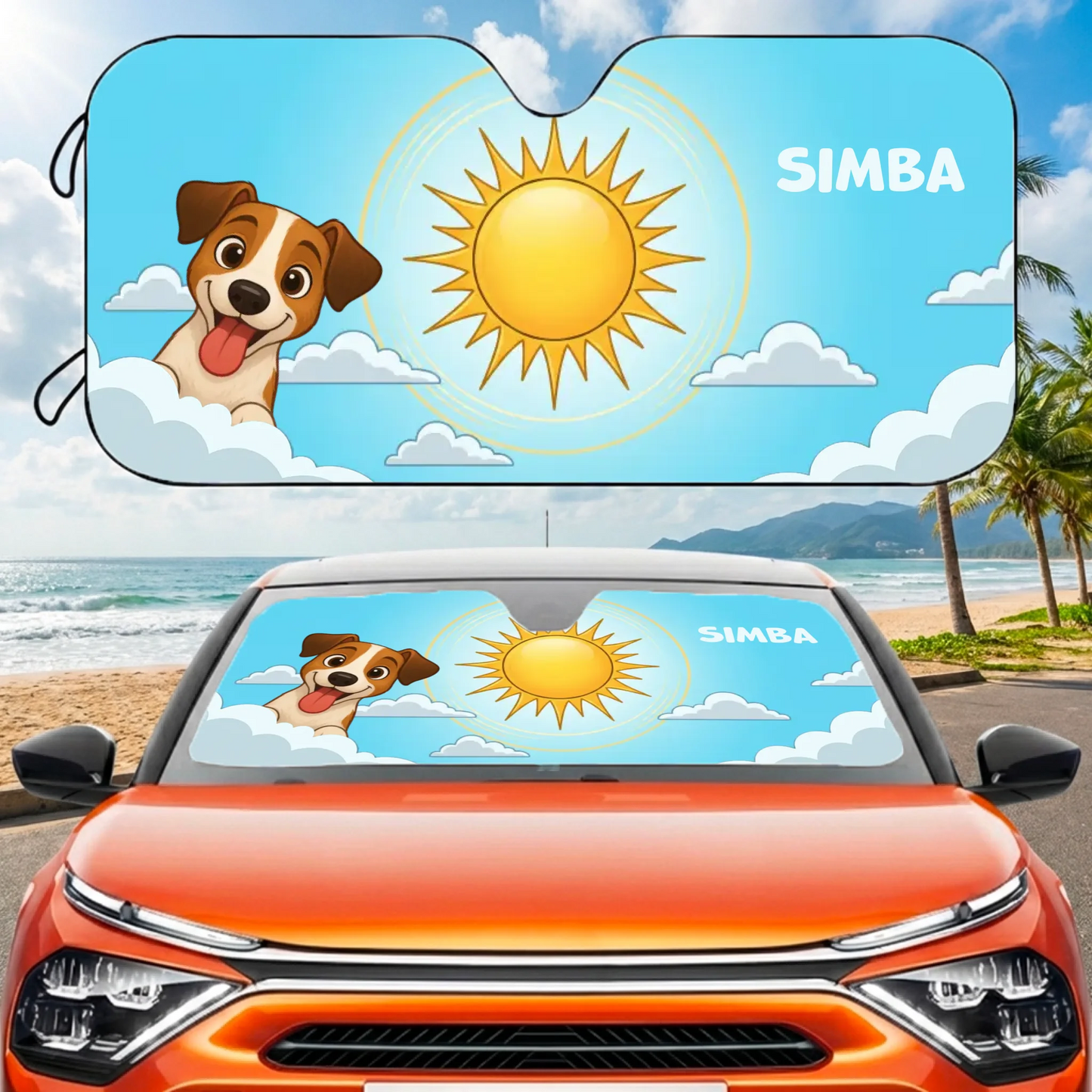 Parasol personalizado para coche con perro sonriente y sol, nombre "Simba" en fondo azul de verano.