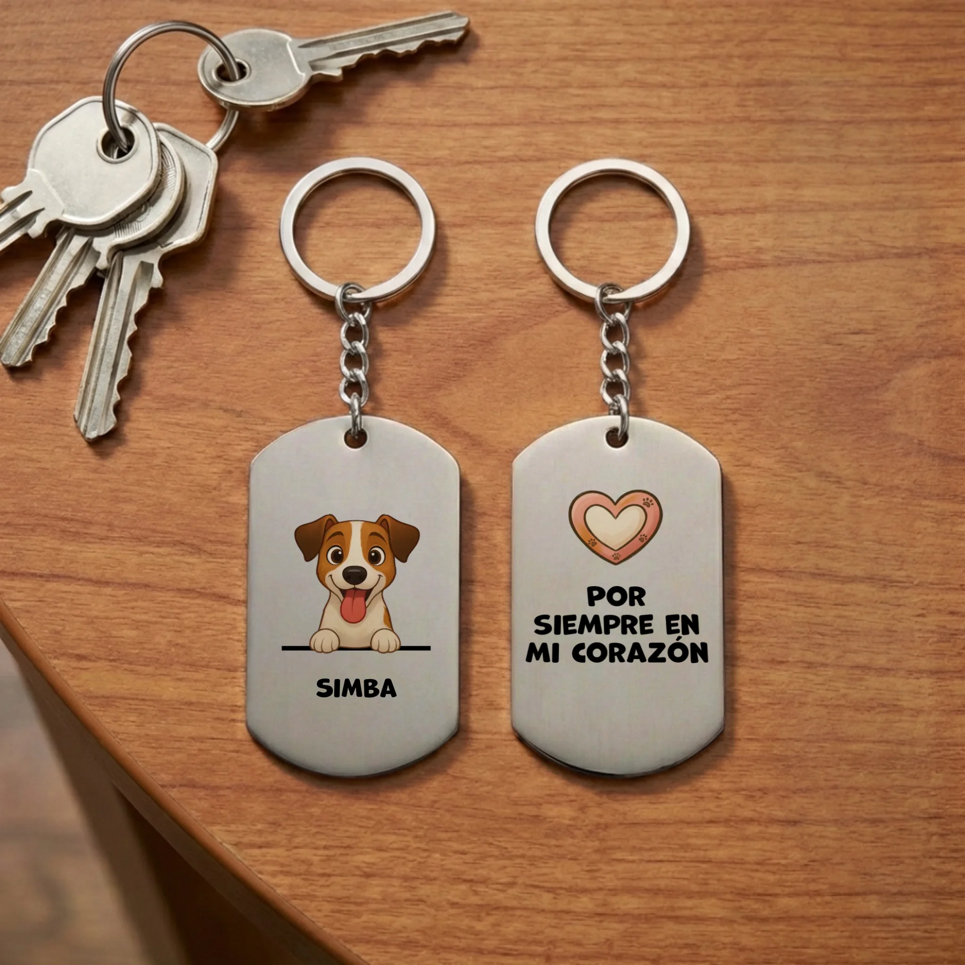 Llavero personalizado de acero inoxidable "Por siempre en mi corazón" con retrato de perro.